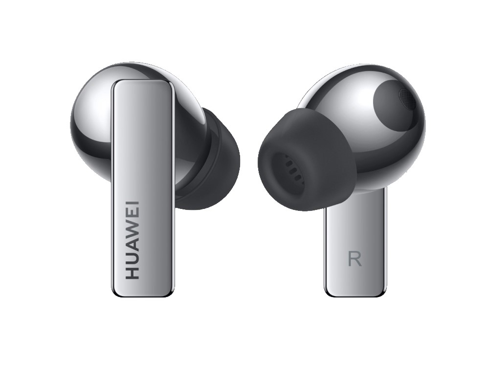 Un par de auriculares inalámbricos plateados, con puntas negras. Fondo blanco.