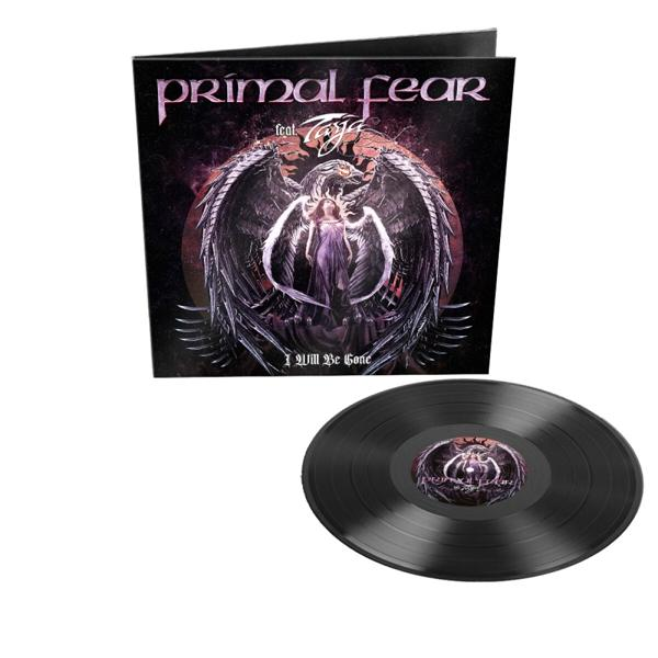 Albumcover und eine Vinyl-Schallplatte. Artwork zeigt eine geflügelte Figur mit einem Schwert.