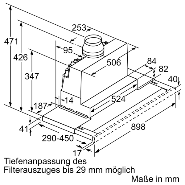 Ein Diagramm einer Küchenhaube mit Maßen und Abmessungen in Millimetern, schwarz und weiß.