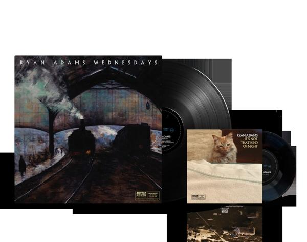 Pochette d'album, une scène de gare en noir et blanc et deux disques vinyles.