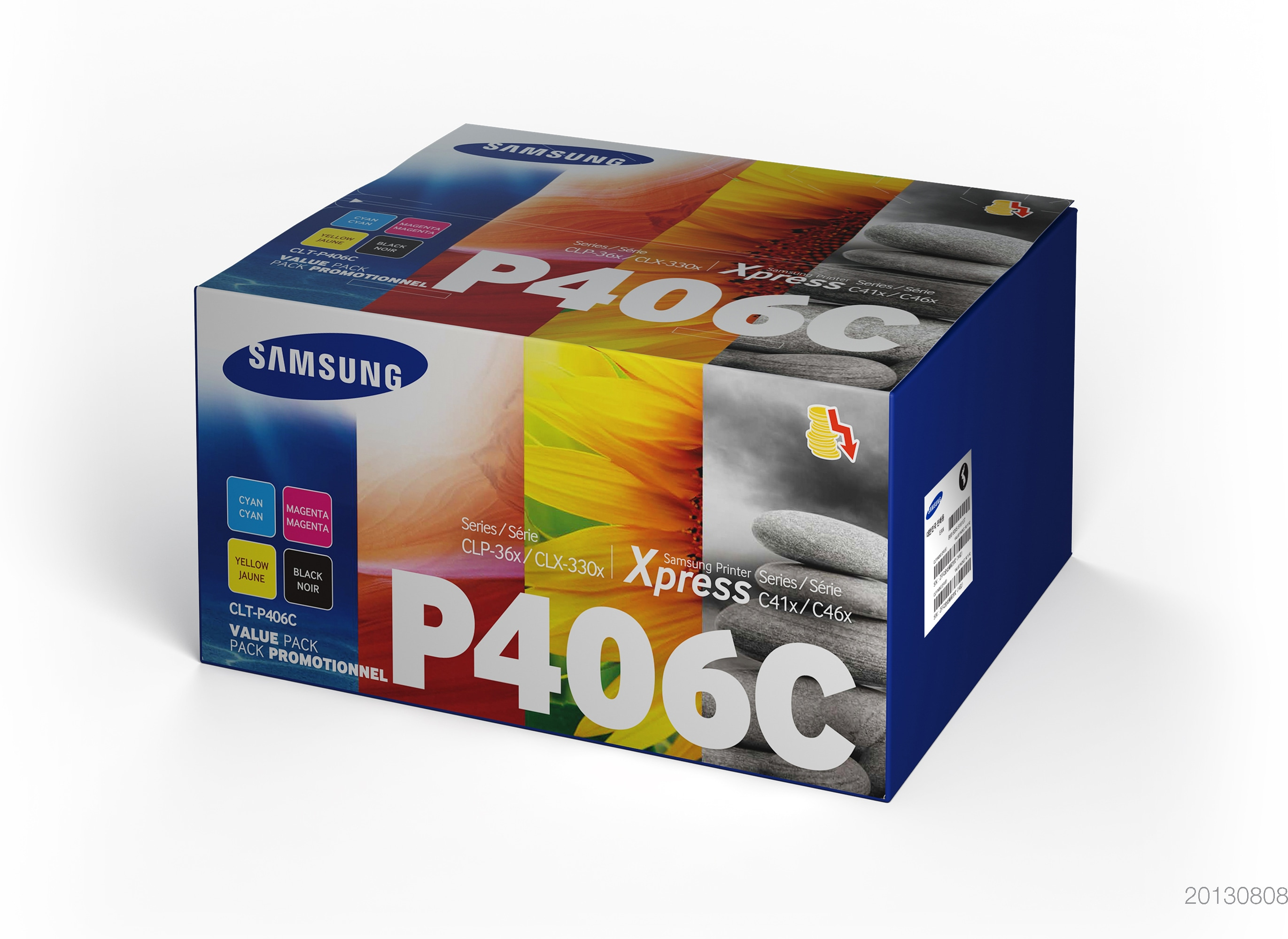Samsung P406C-Druckerpatronenbox mit farbenfrohen Bildern.