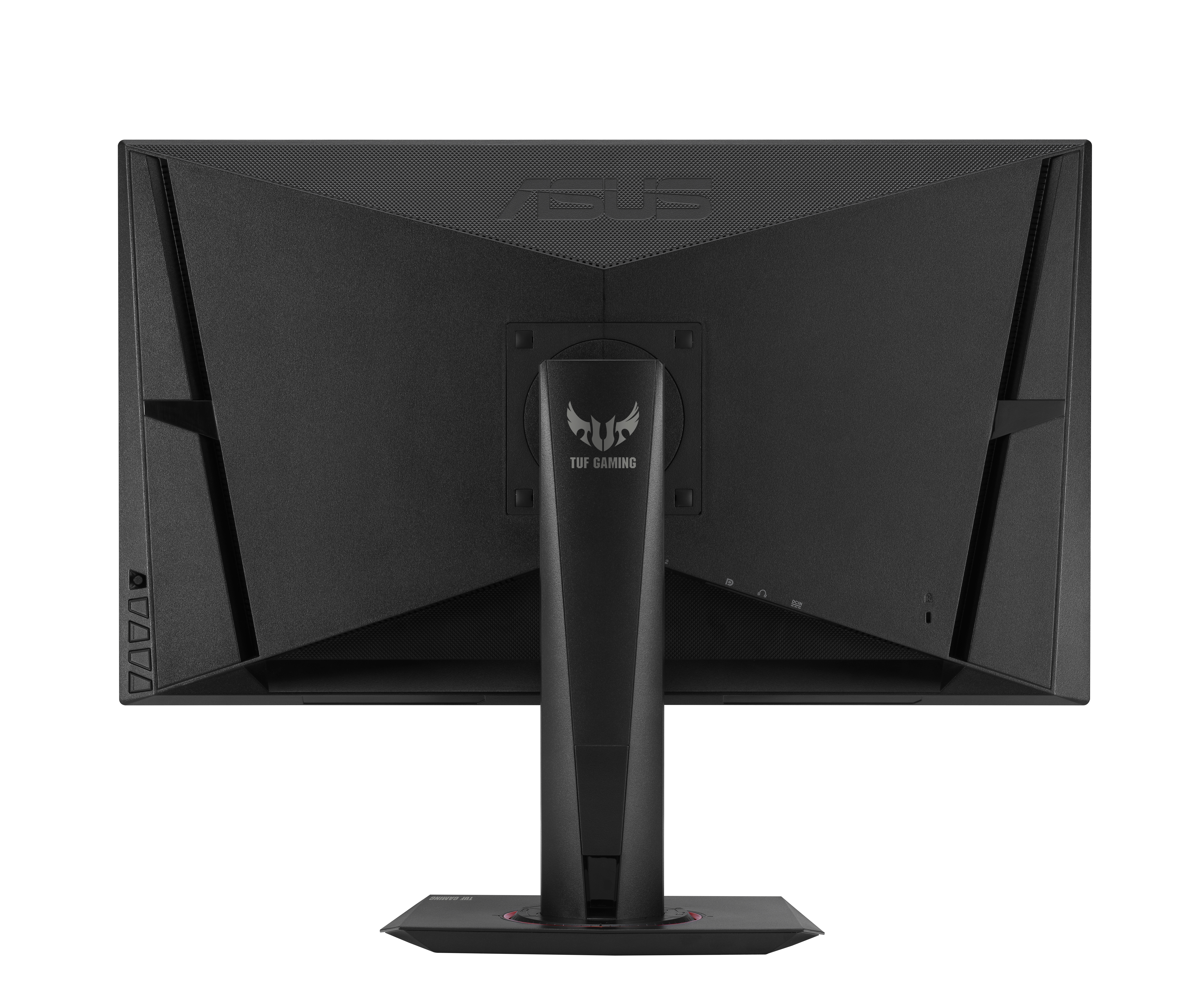 Rückansicht eines schwarzen ASUS TUF Gaming-Monitors mit Ständer und Logo.