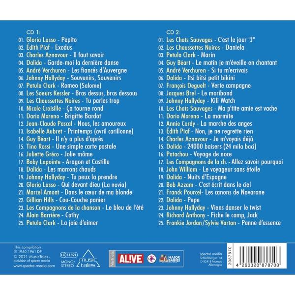 Albumcover mit zwei Listen von Liedern und Künstlernamen auf Französisch, mit einem Musiklogo.