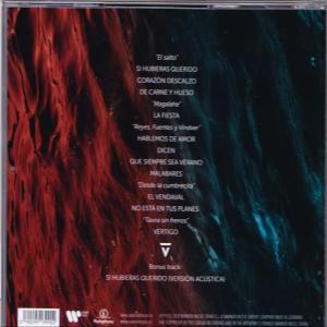 Rückseite einer CD mit spanischen Songtiteln und einem rot-blauen Farbverlauf-Hintergrund.