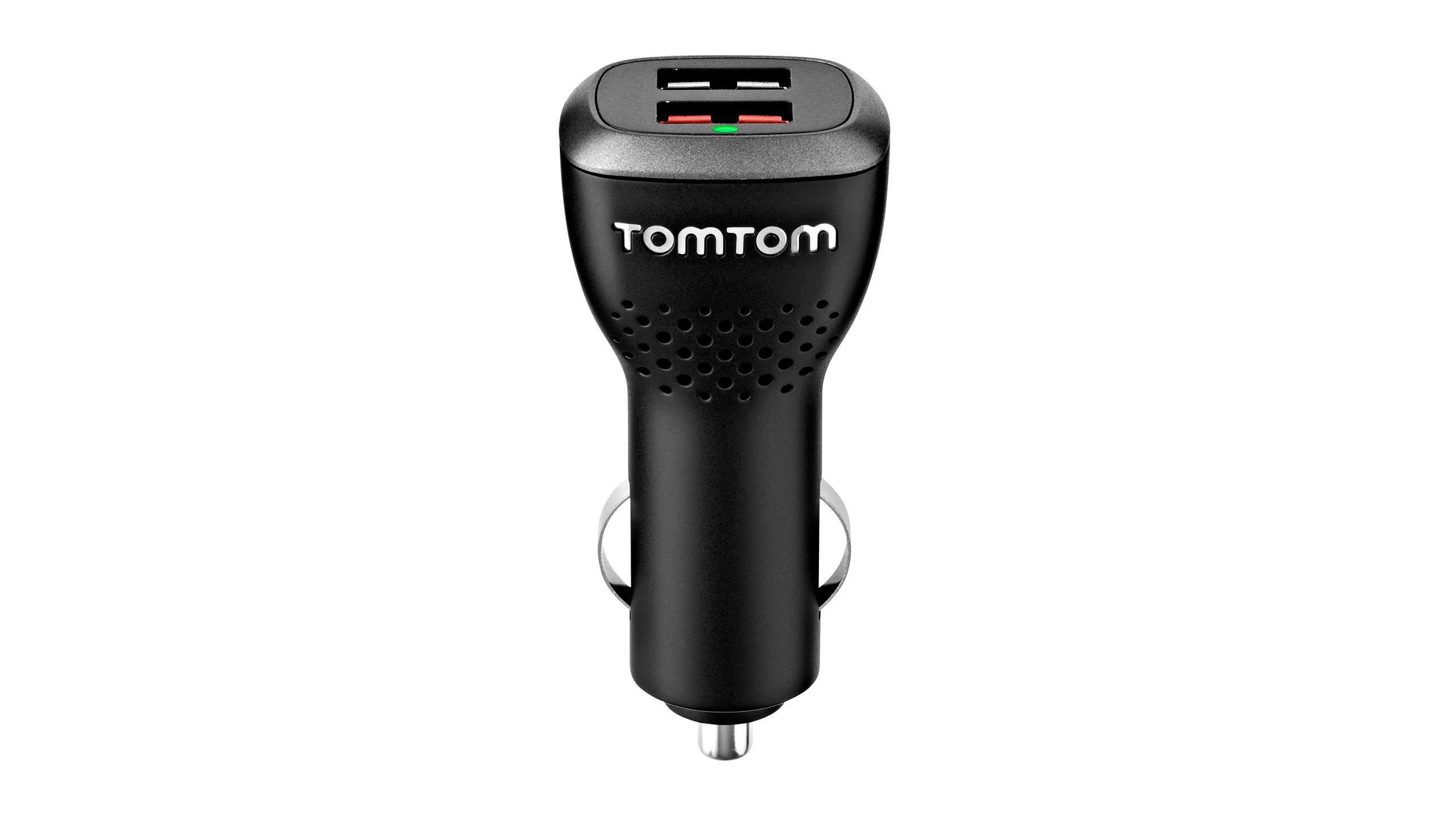 Schwarzes TomTom Autoladegerät mit zwei USB-Anschlüssen.