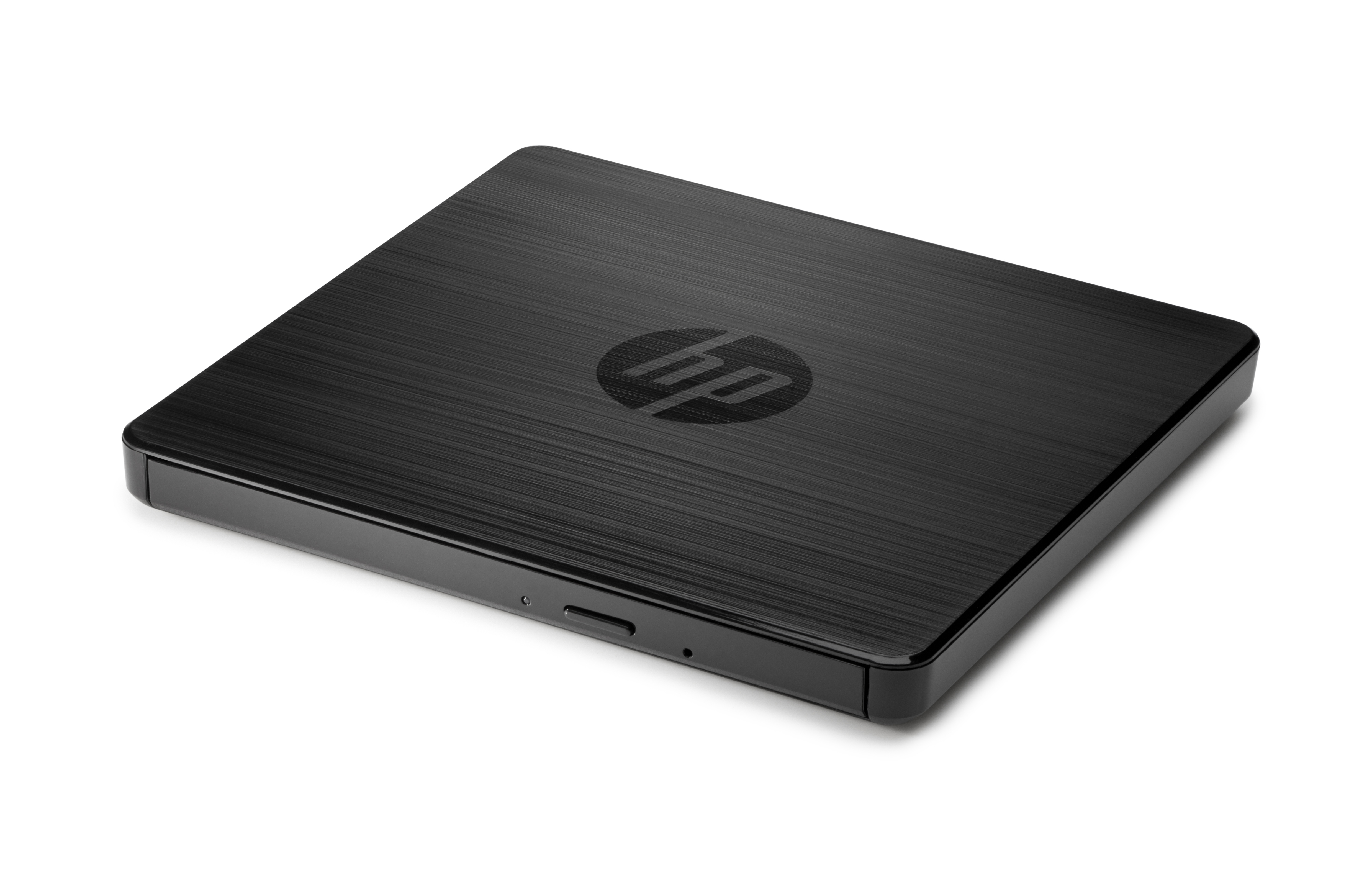 Ein schwarzes, rechteckiges, tragbares externes HP DVD-Laufwerk auf weißem Grund.
