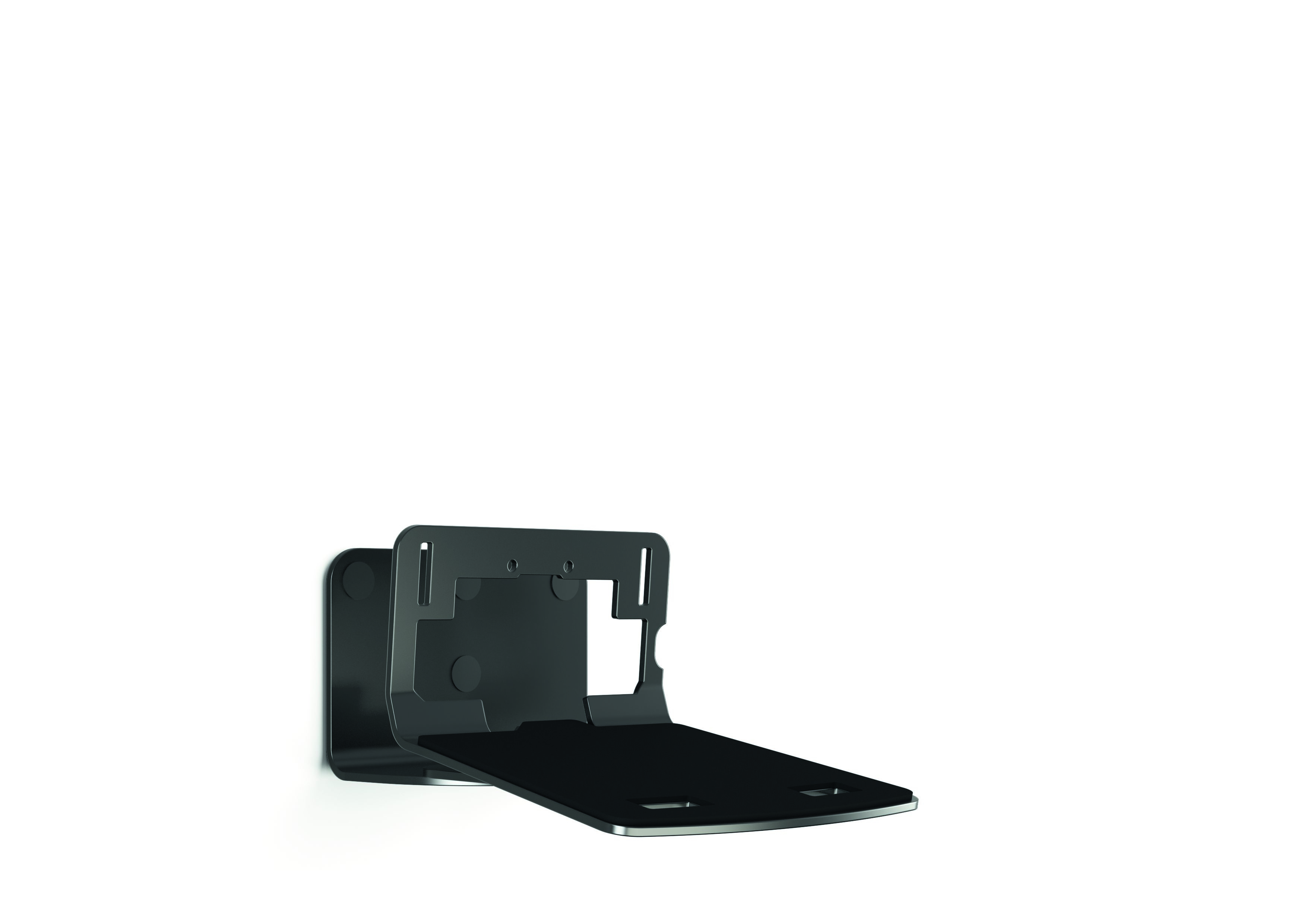 Eine schwarze, wandmontierte Soundbar-Halterung, die an einer weißen Wand installiert ist.