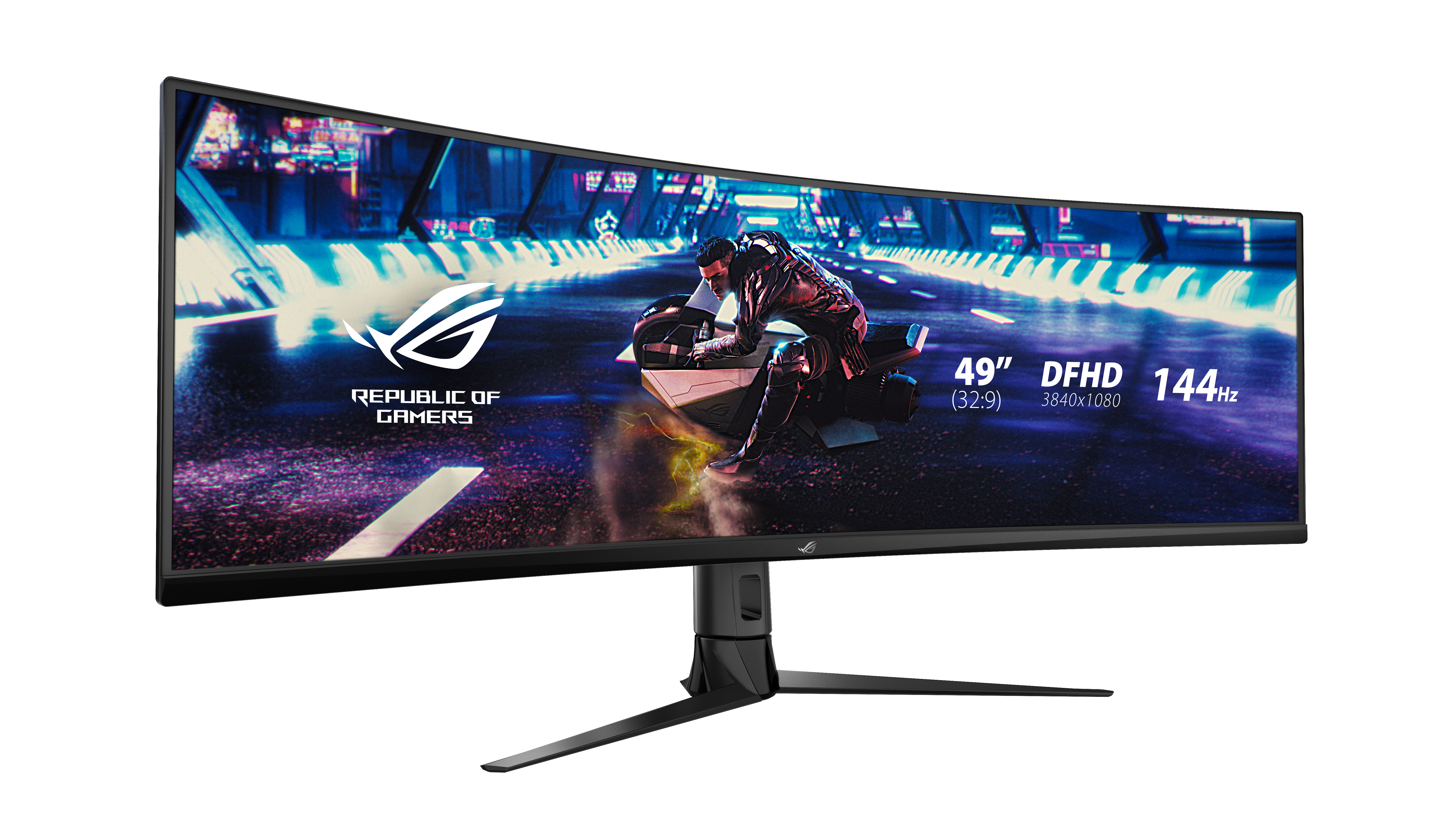 Gebogener Monitor mit einer Gaming-Szene. Ein Republic of Gamers Logo ist sichtbar.