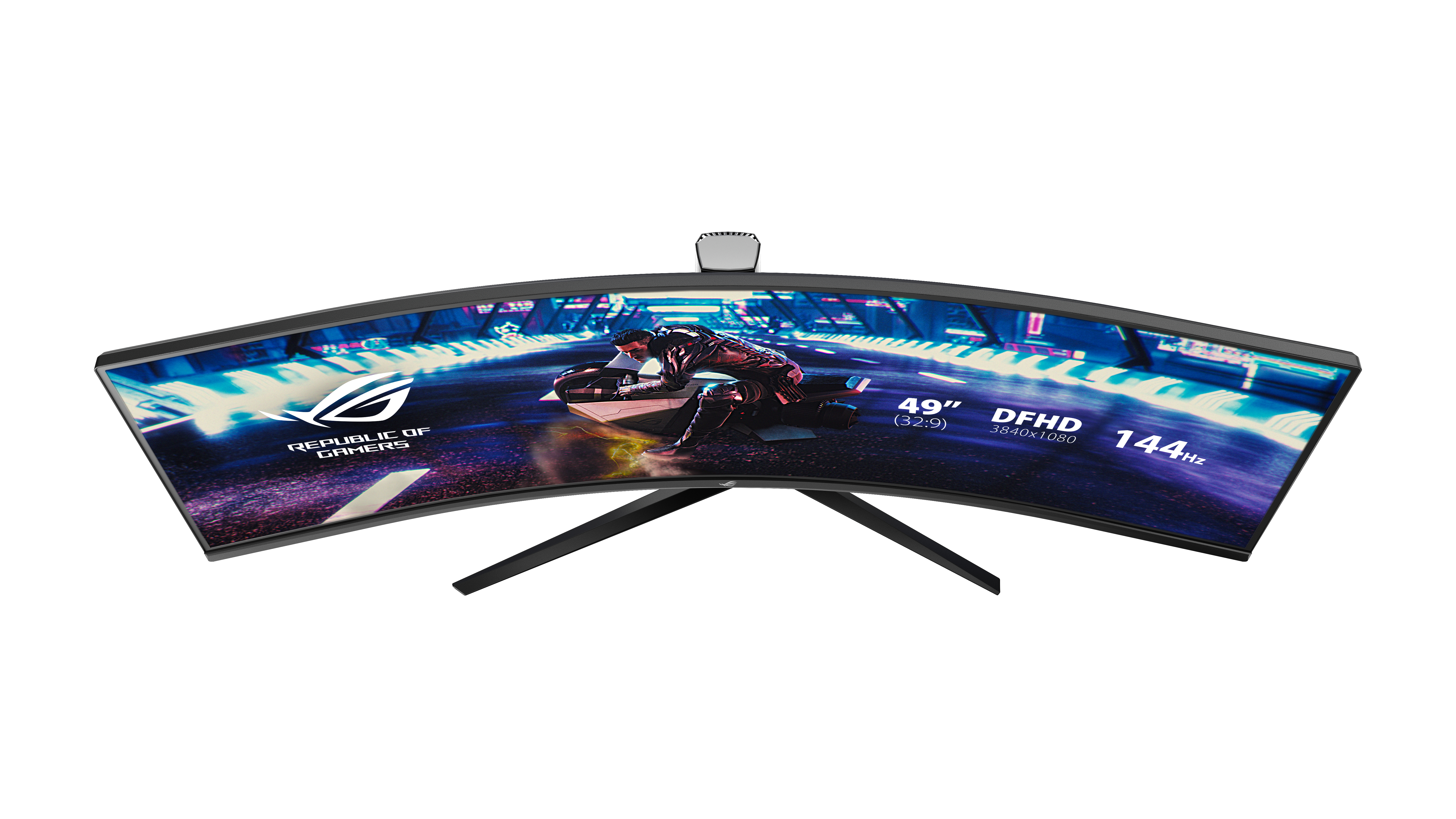 Gebogener Gaming-Monitor mit einer Rennszene. Schwarzer Ständer und Rahmen.