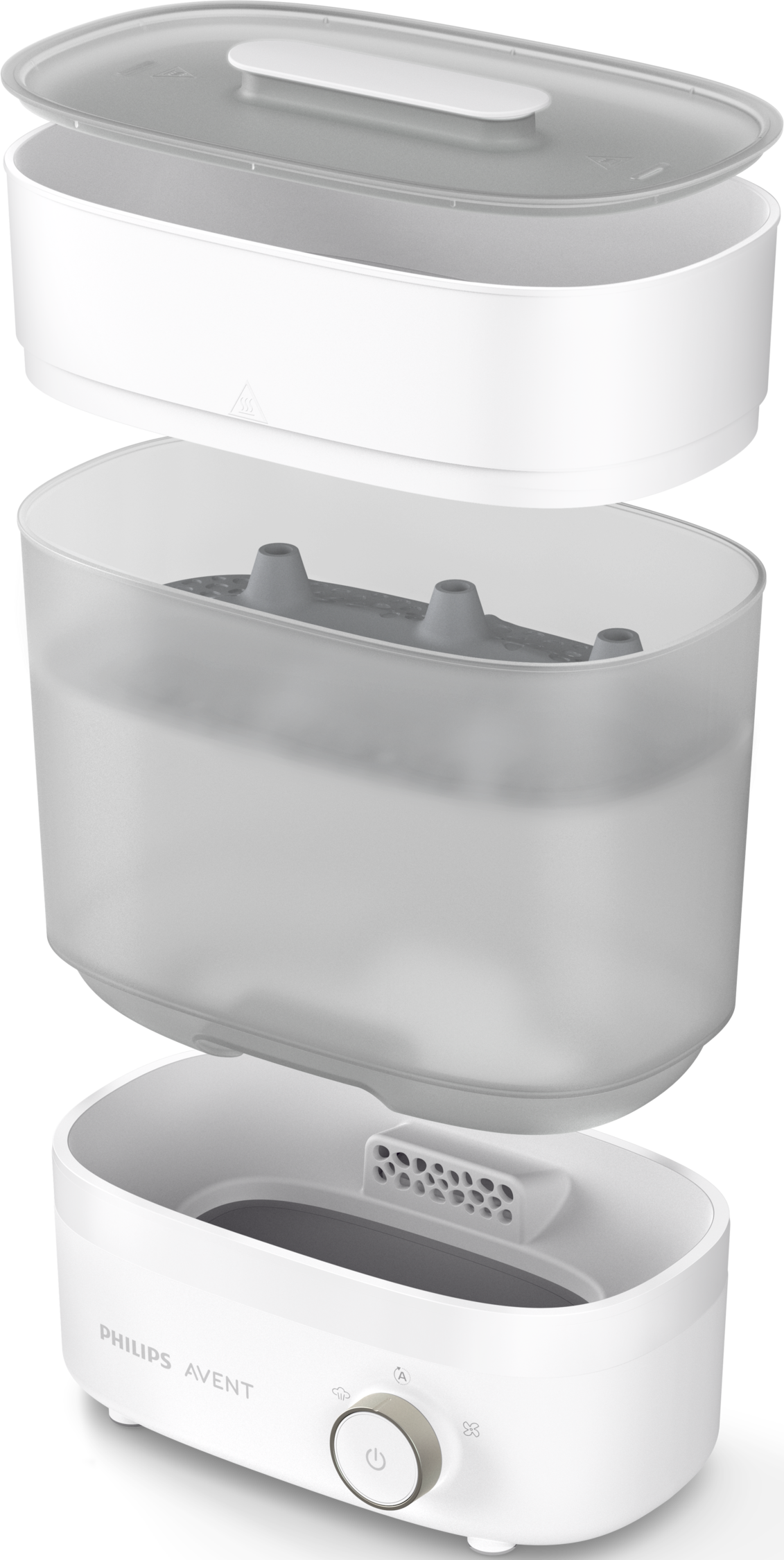 Sterilizzatore per biberon Philips Avent bianco, smontato in 3 parti.