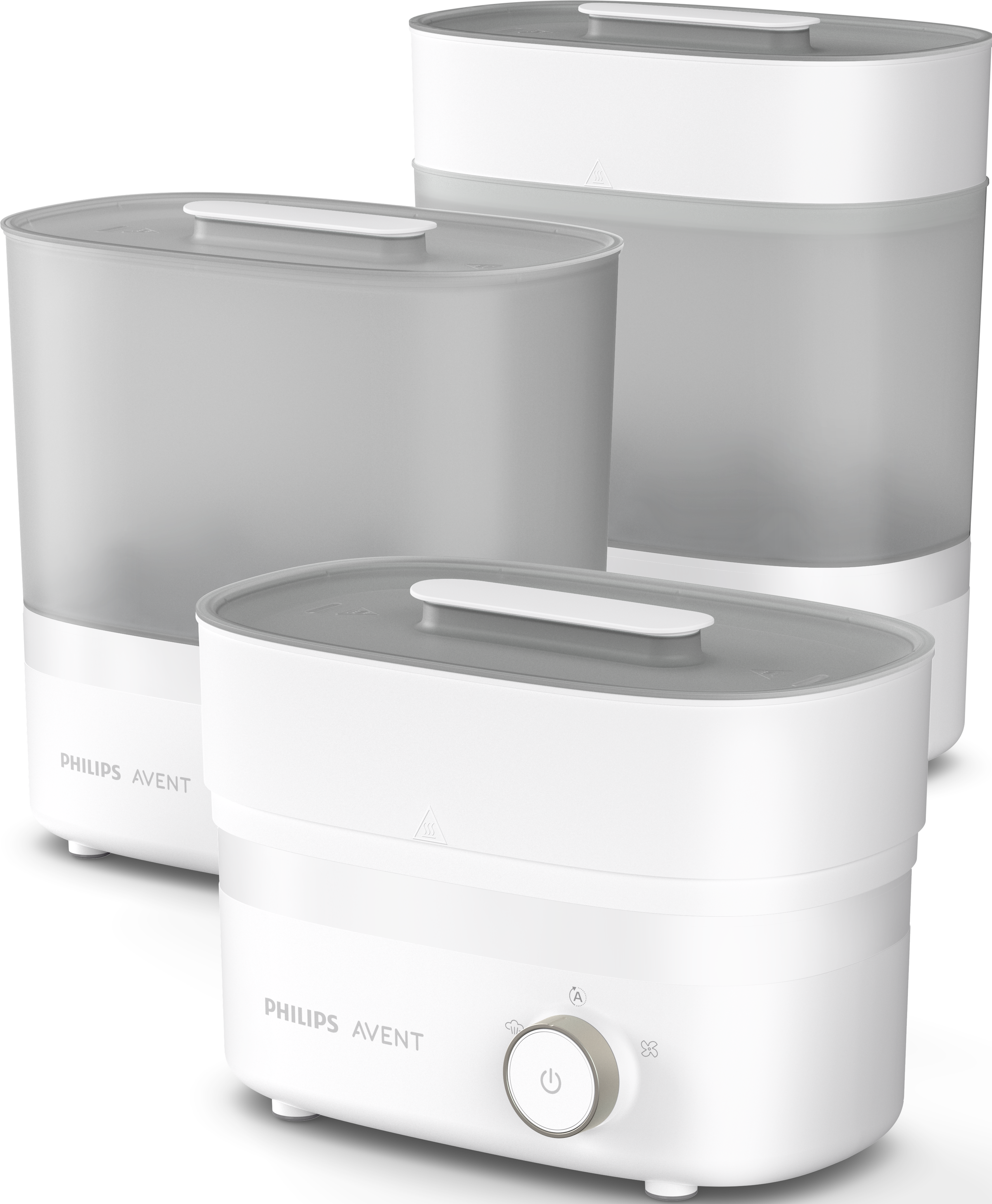 Tre sterilizzatori per biberon Philips Avent bianchi e grigi di diverse dimensioni.
