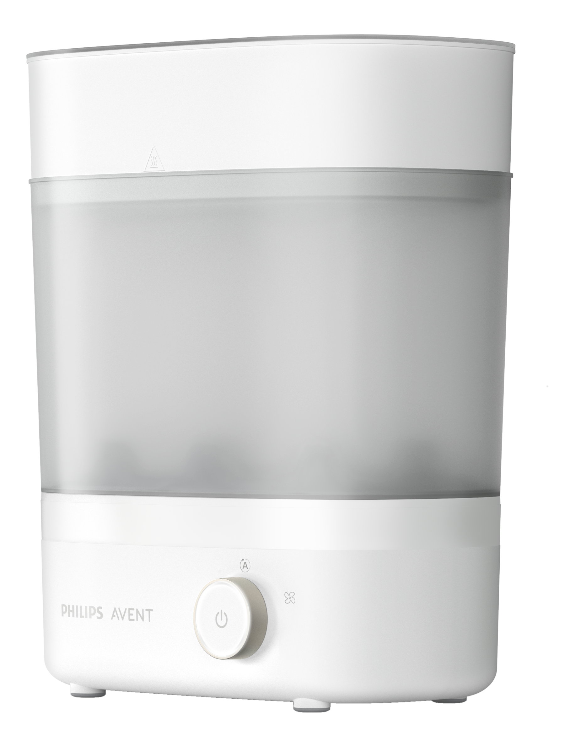 Sterilizzatore per biberon Philips Avent bianco. Comandi e un contenitore dell'acqua visibili.