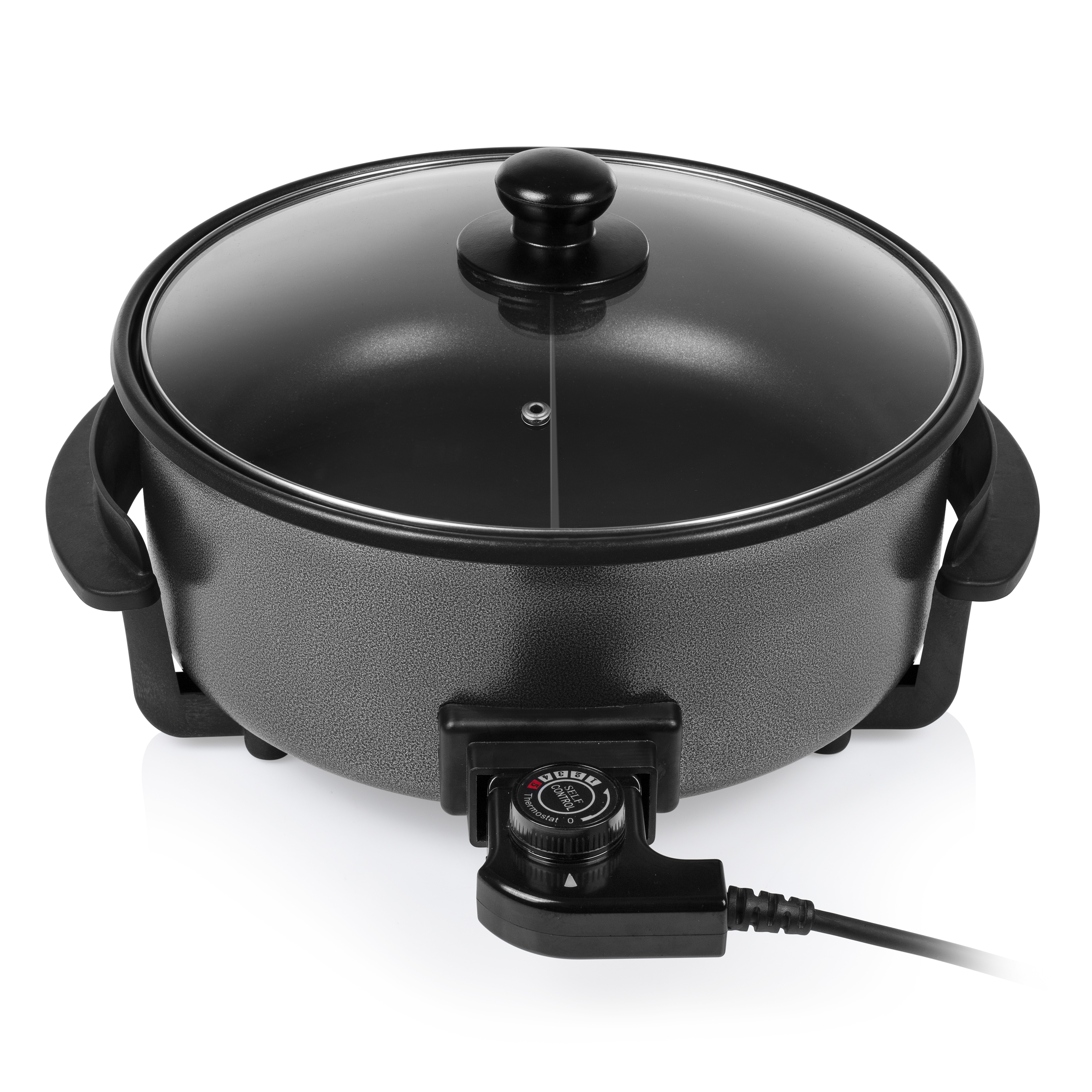 Eine schwarze elektrische Bratpfanne mit Glasdeckel, Griffen und einem Temperaturregler.