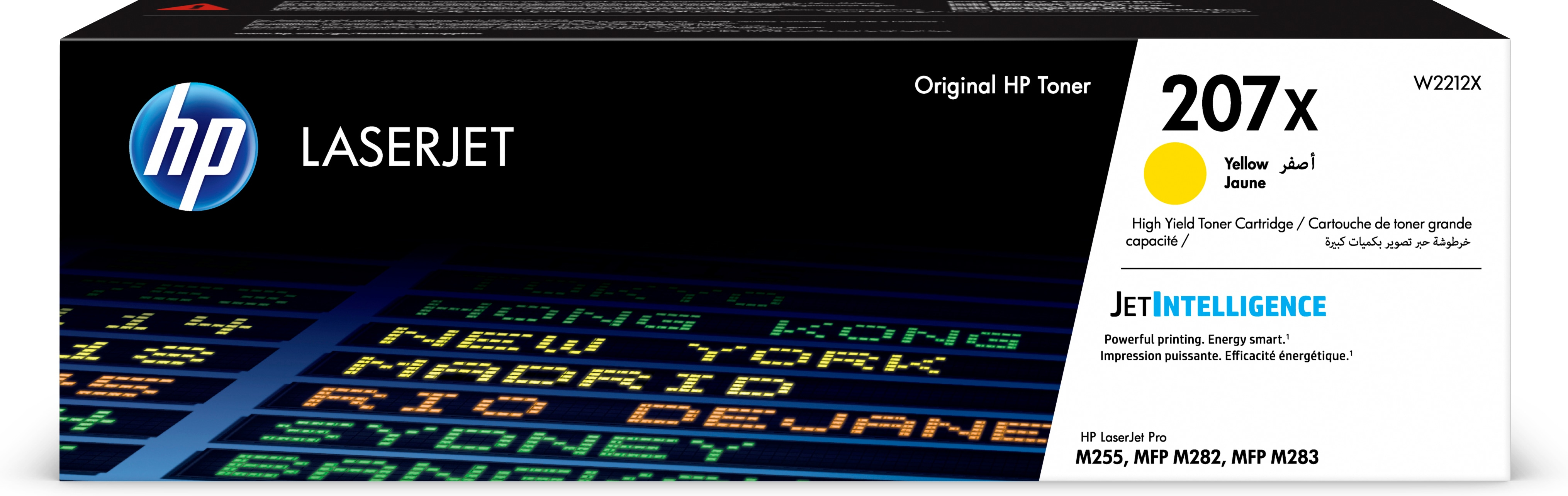 Cartuccia toner giallo HP Laserjet con tabellone partenze aeroportuale sullo sfondo.