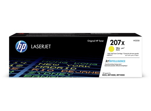 Scatola della cartuccia toner HP laserjet. La scatola ha un'etichetta 207X, il colore giallo e un codice W2212X.
