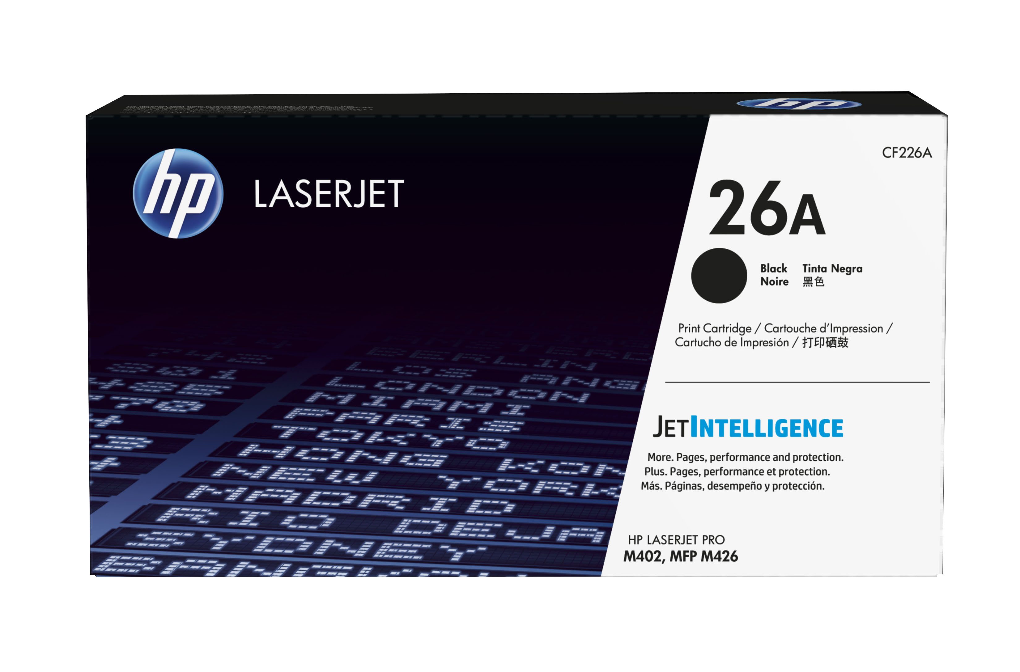 HP LaserJet Tonerkassette, schwarz mit Weltkartenhintergrund und cyanfarbenem Etikett.