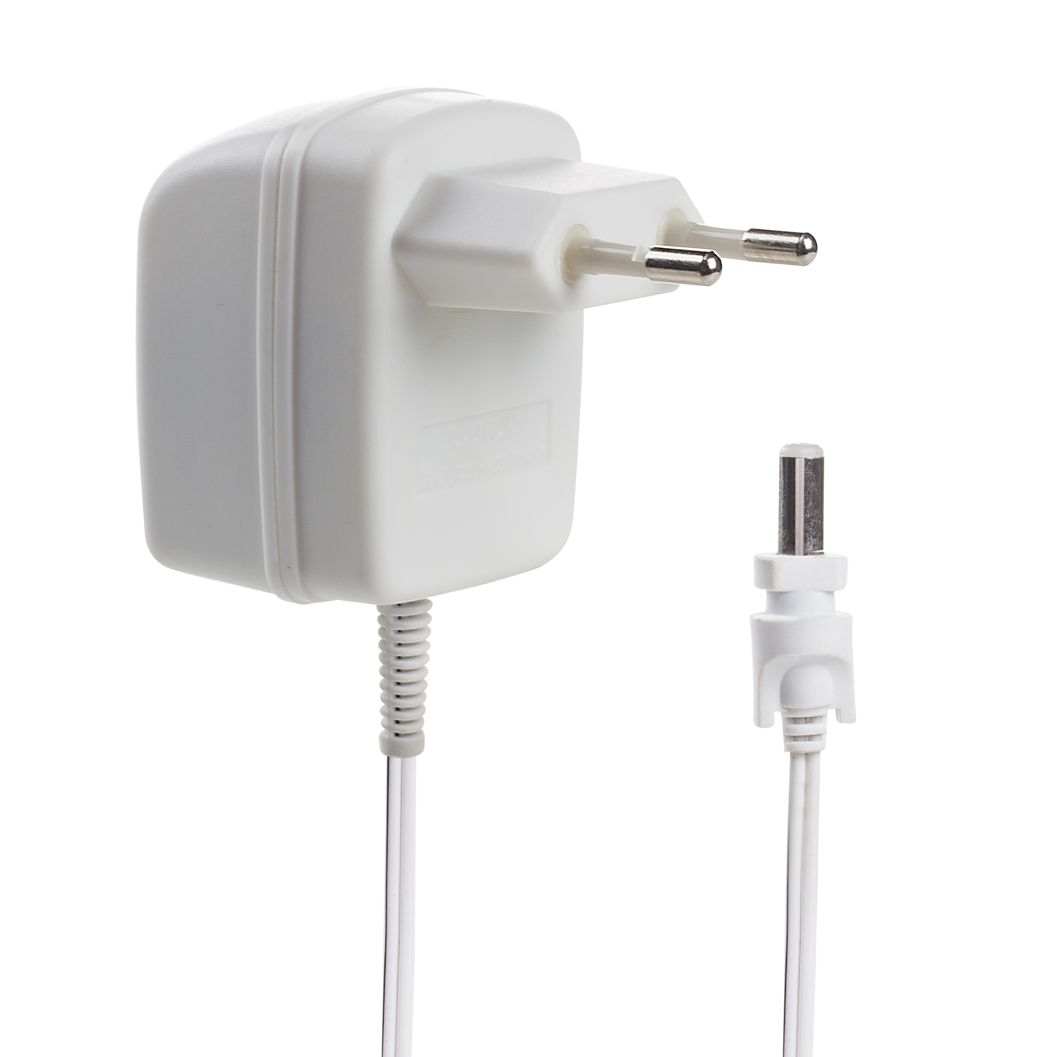 Ein weißes Netzteil mit zwei Stiften und einem weißen Kabel mit kleinem DC-Anschluss.