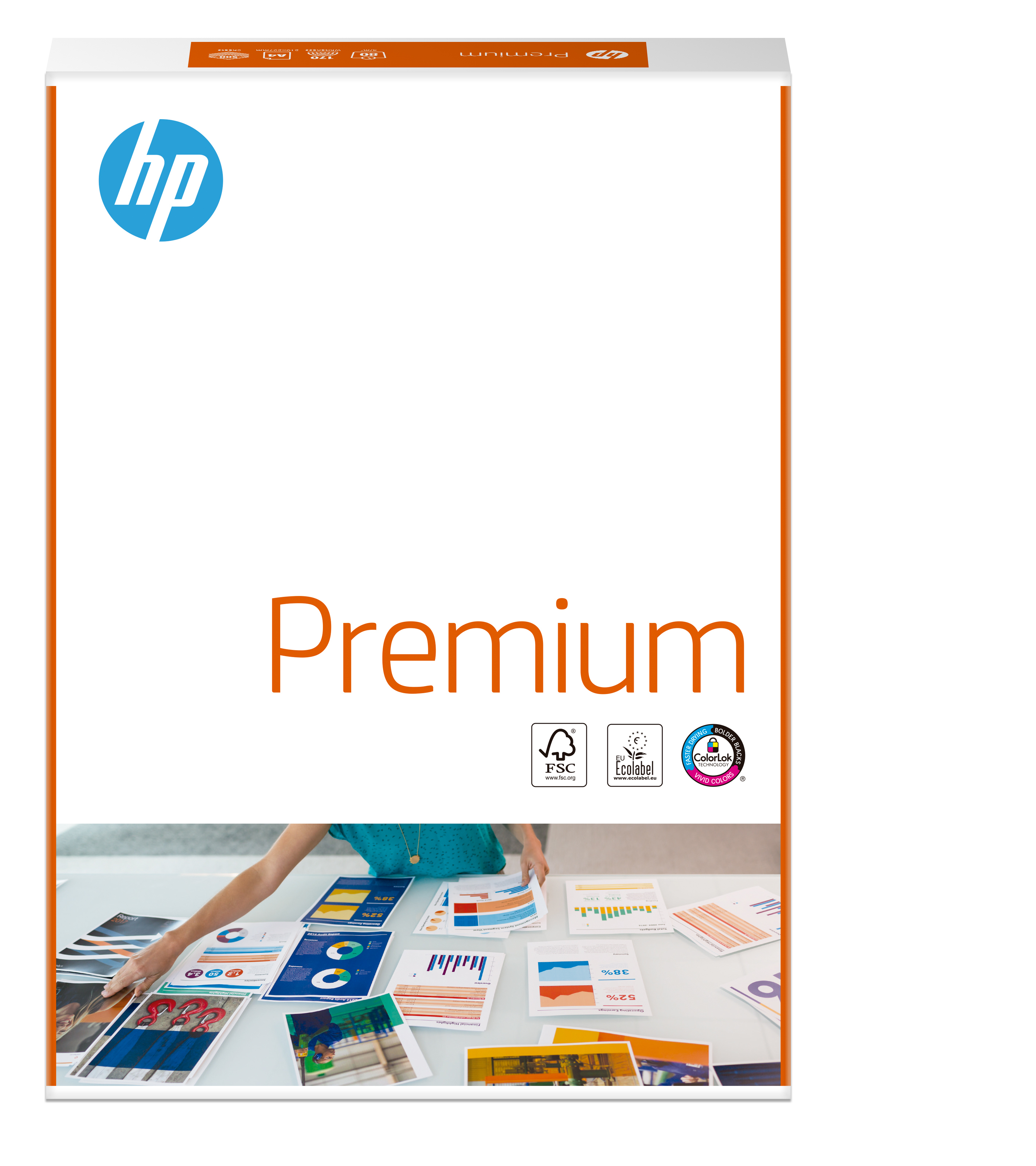 HP Premium Papierpackung mit Händen einer Frau, die Dokumente auf einem weißen Tisch ordnet.