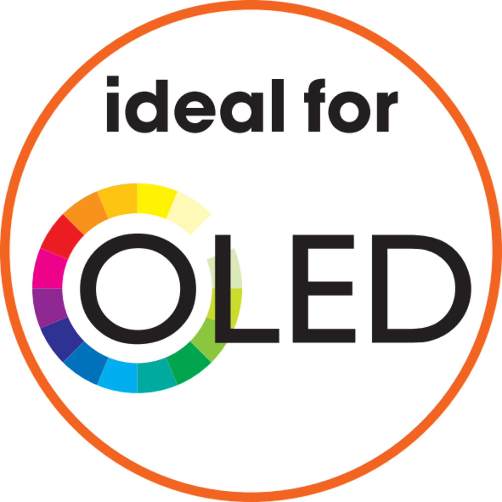 Ein kreisförmiges Logo mit Regenbogenfarben und dem Text 'ideal for OLED'.