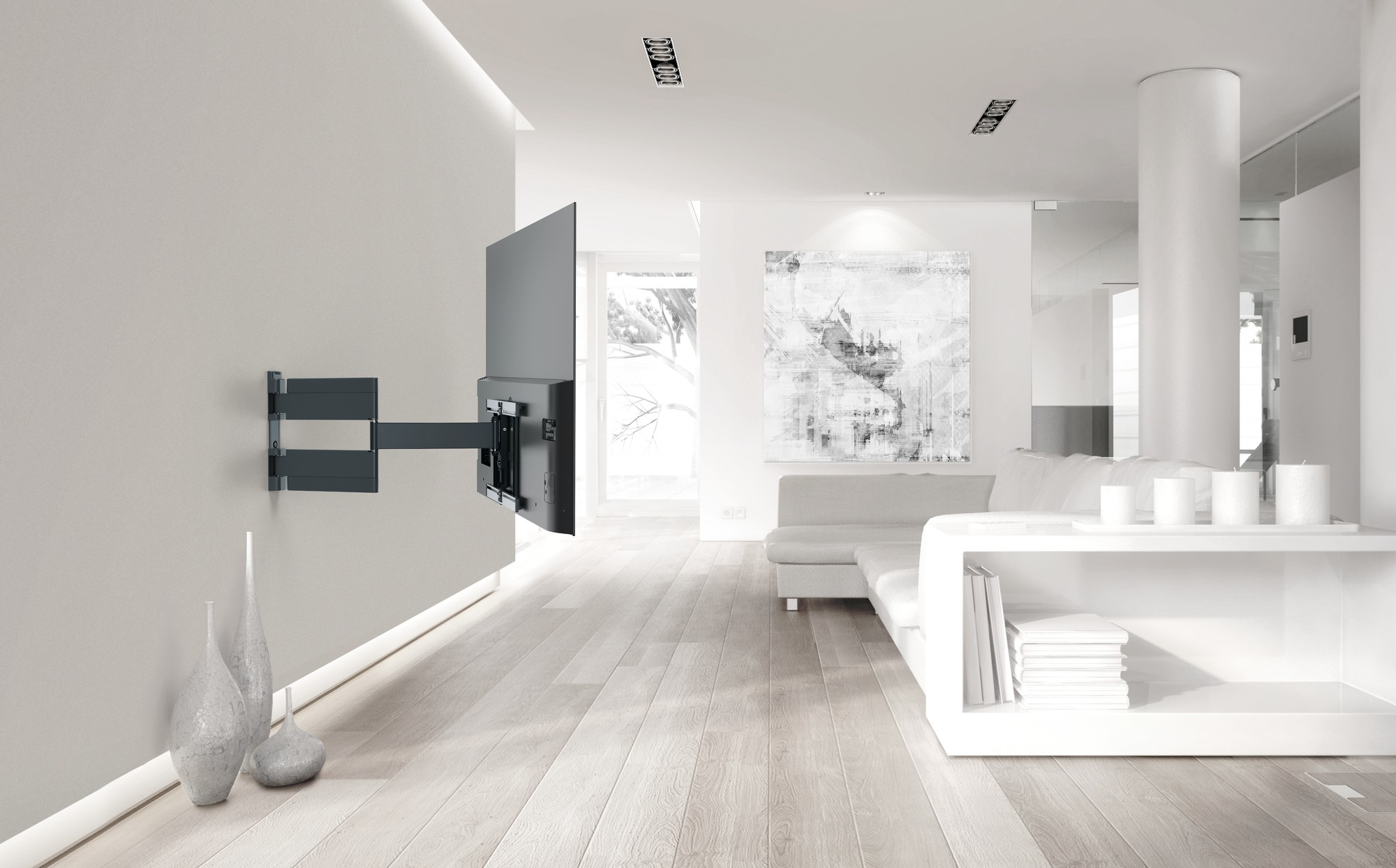 Ein modernes Wohnzimmer mit Wand-TV, weißen Wänden und Holzboden.