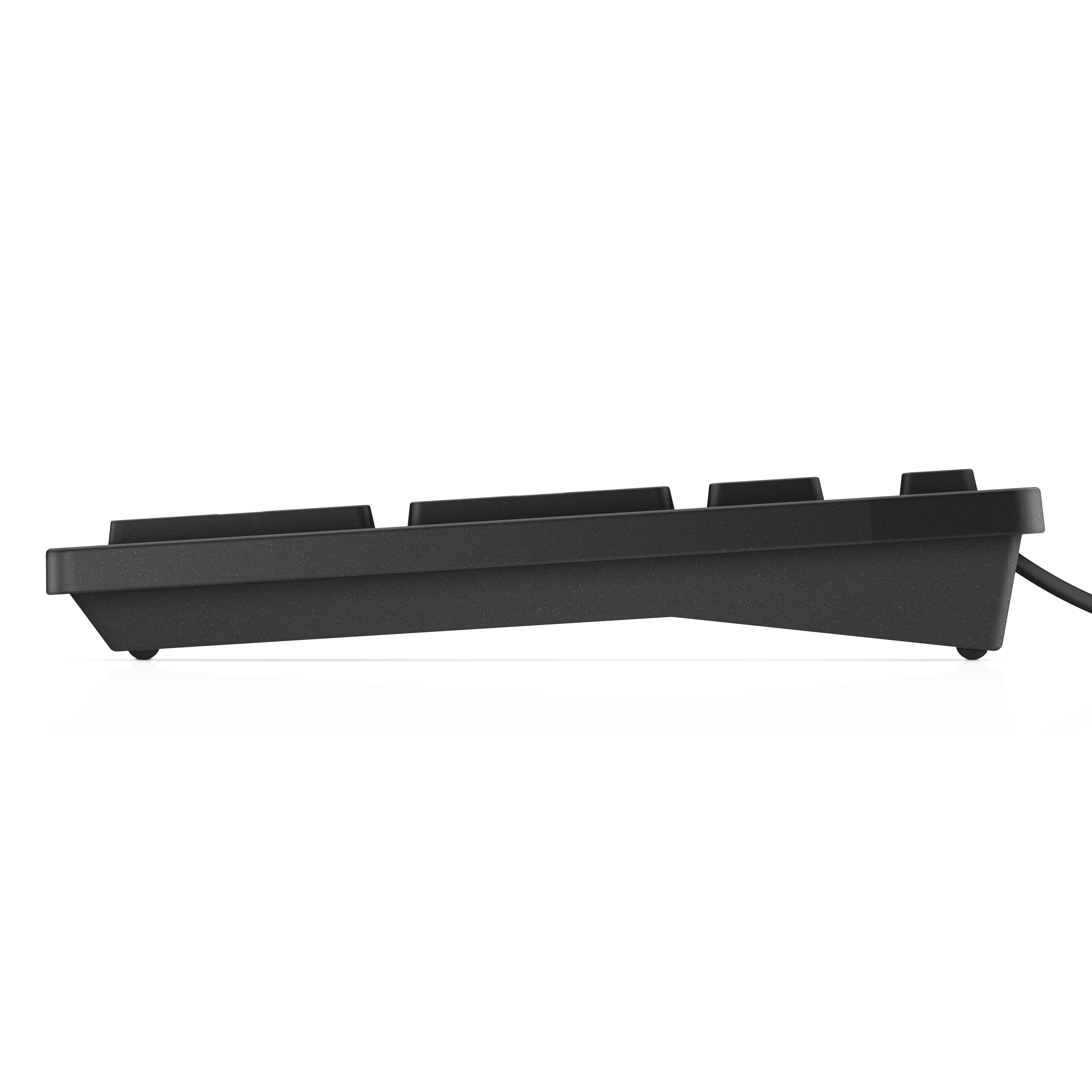 Eine schwarze Tastatur wird von der Seite gezeigt, die Tasten und die Unterseite zeigend.