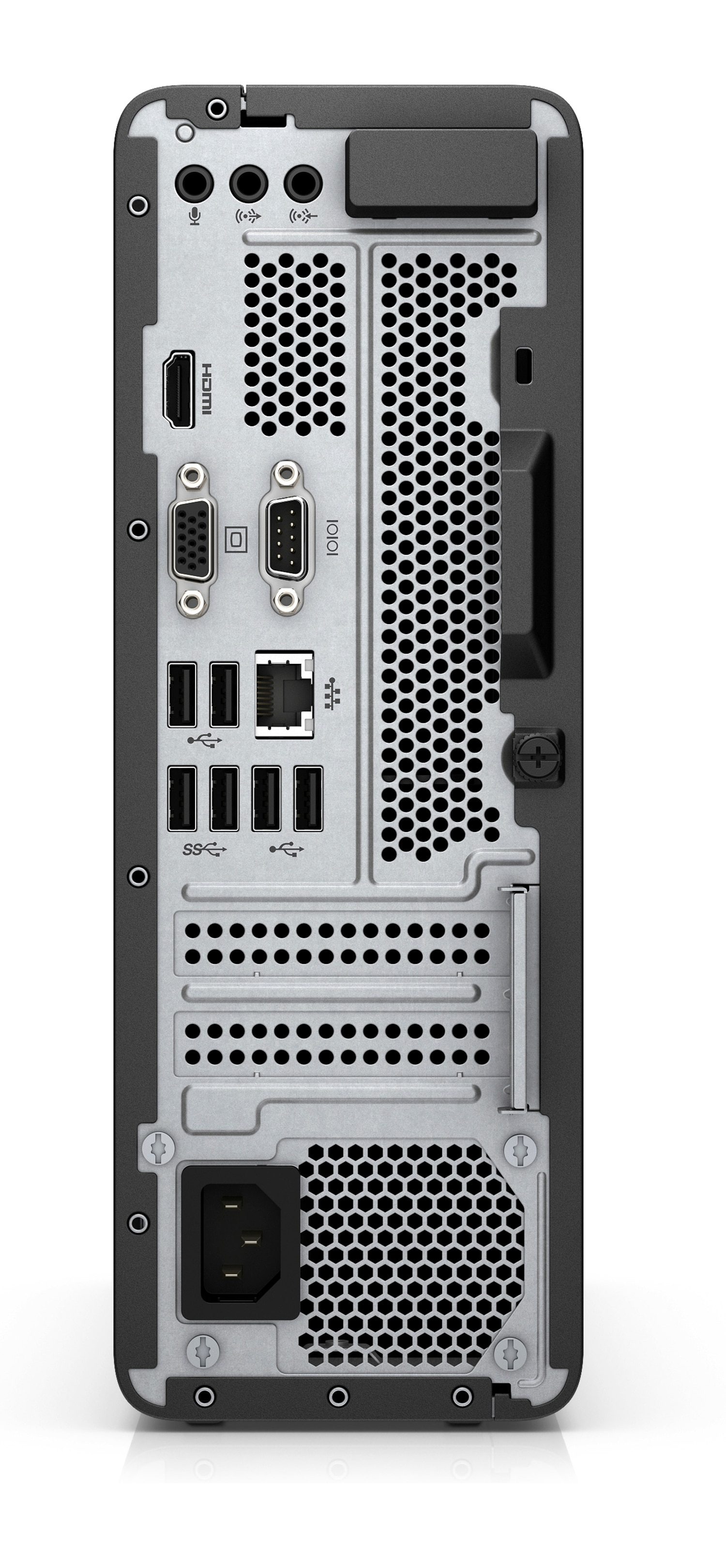 Die Rückseite eines schwarzen HP-Desktop-Computers mit Anschlüssen und einem Griff.