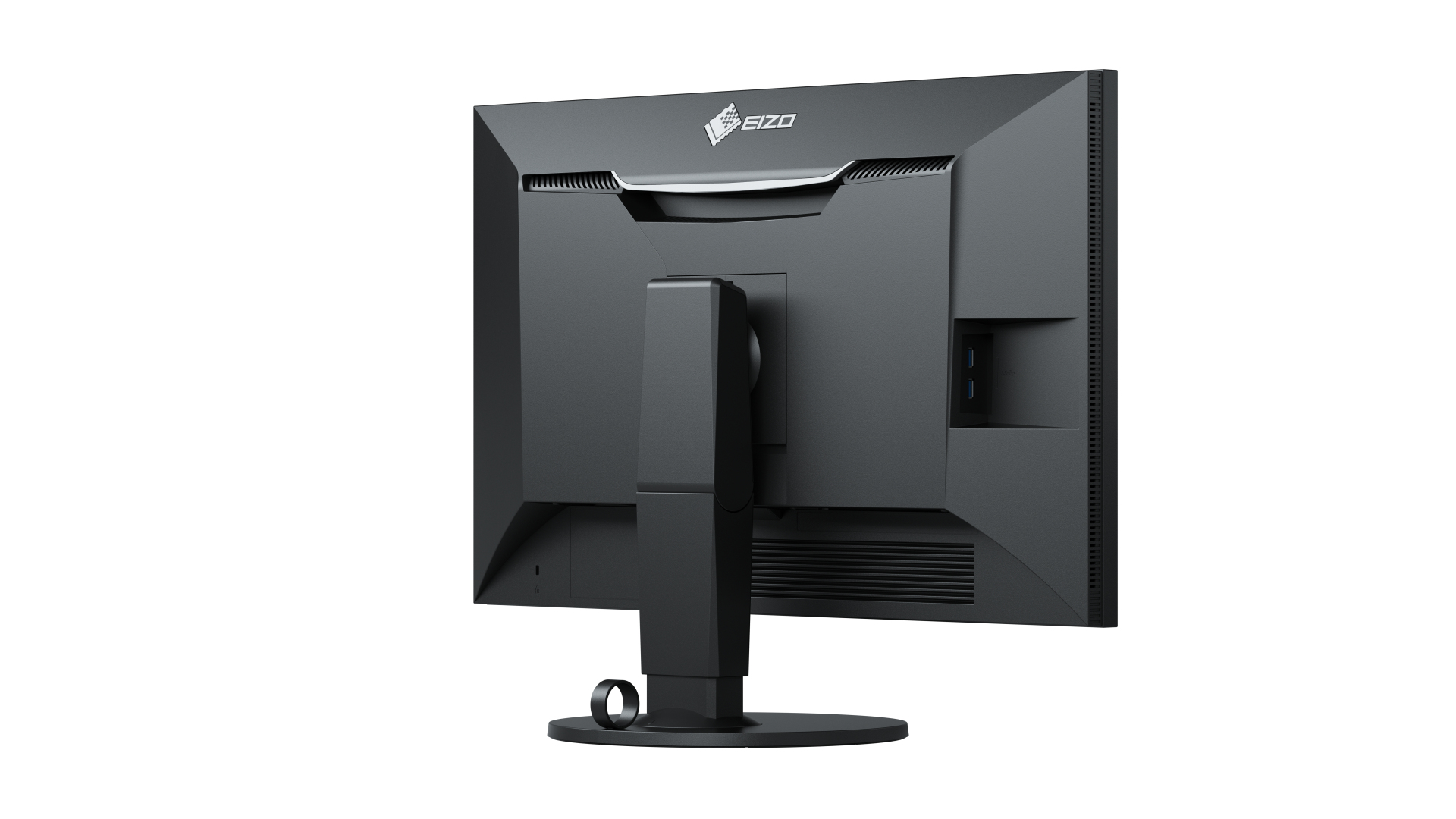 Rückansicht eines dunklen Monitors mit EIZO-Logo.