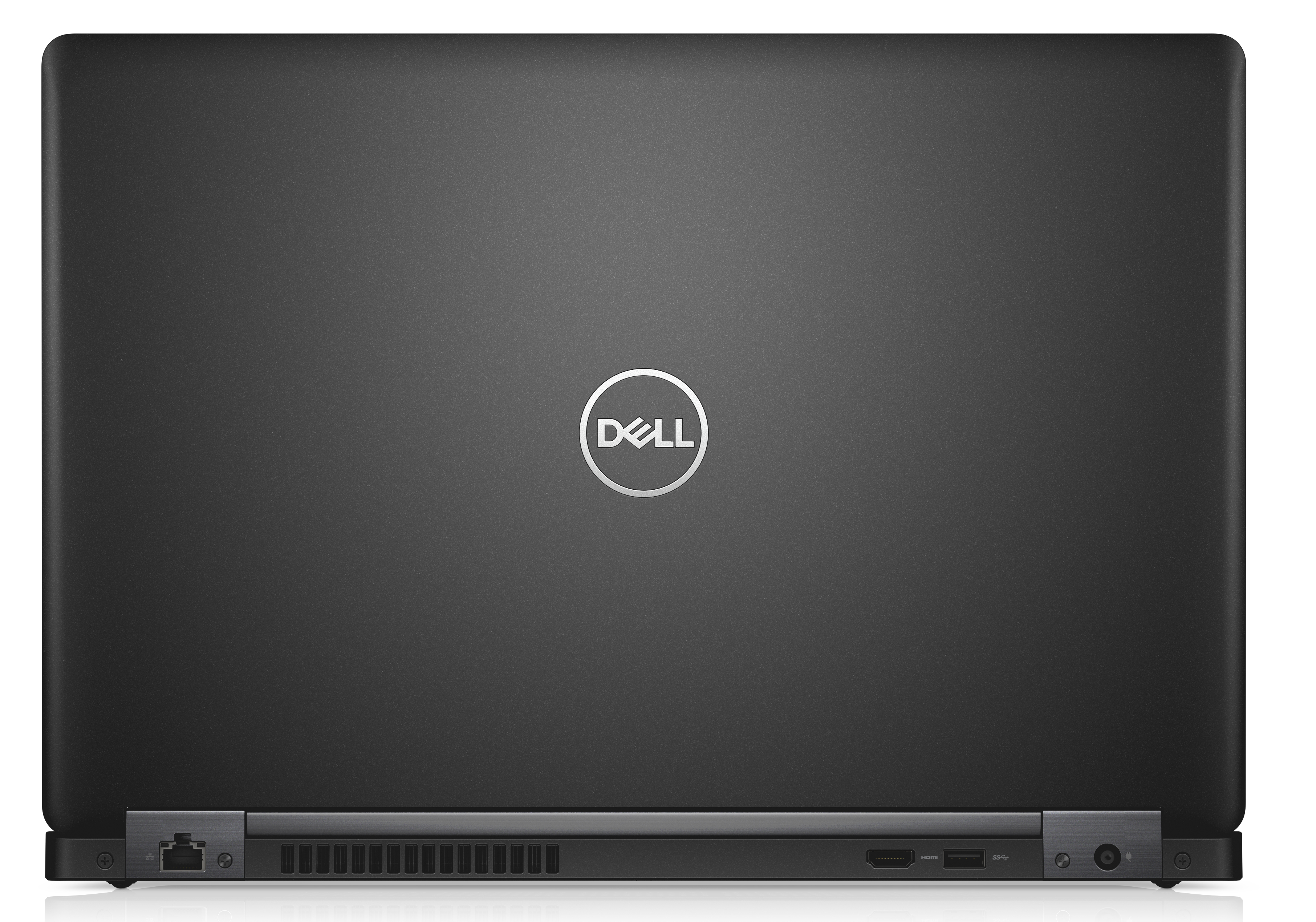 Ein schwarzer Dell Laptop, geschlossen, von hinten mit dem Dell Logo gesehen.