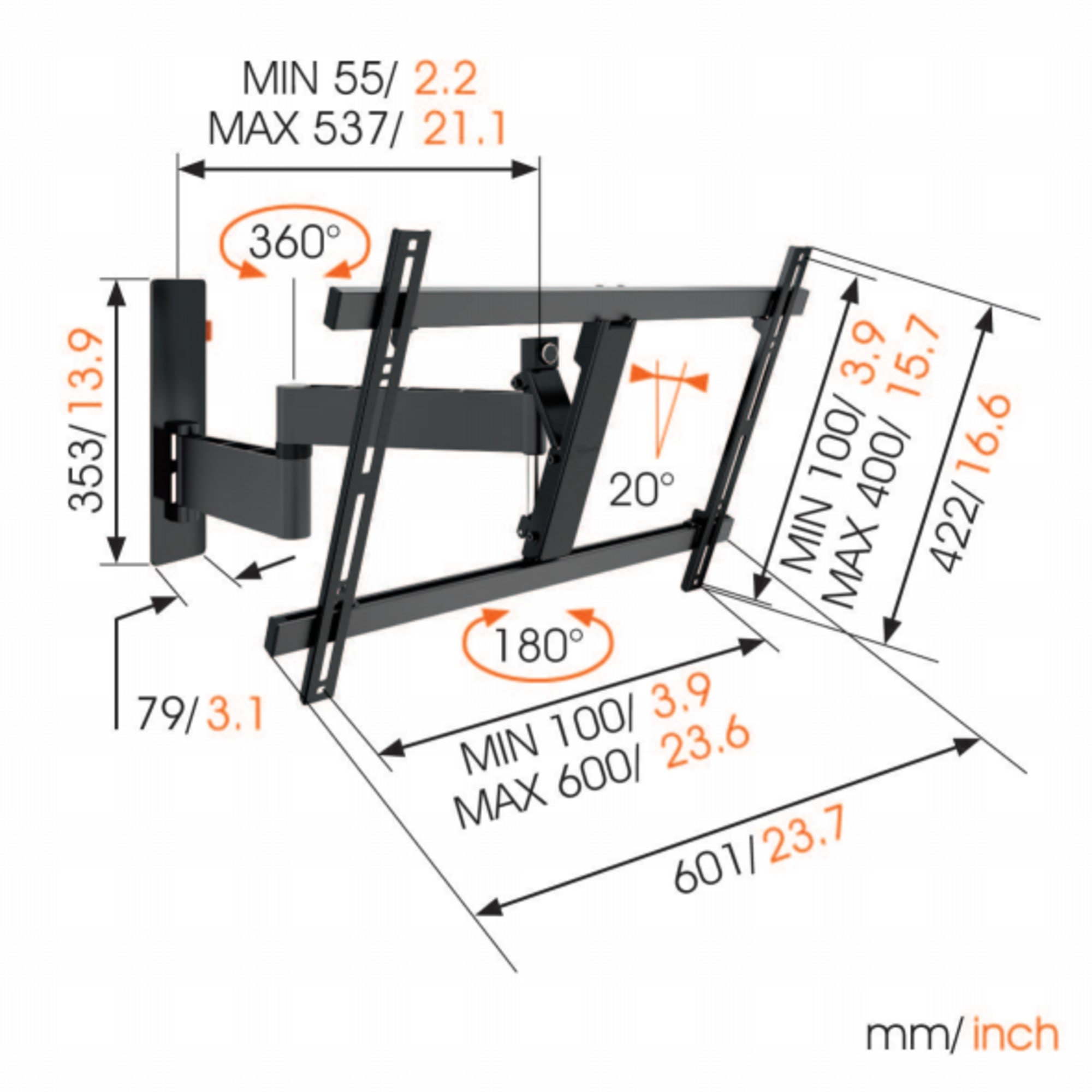 VOGEL´S WALL 3345 TV-Wandhalterung für 102-165 cm (40-65 Zoll) Fernseher, drehbar und neigbar,schwar Wandhalterung, max. 65 Zoll, Schwenkbar, Neigbar, Schwarz