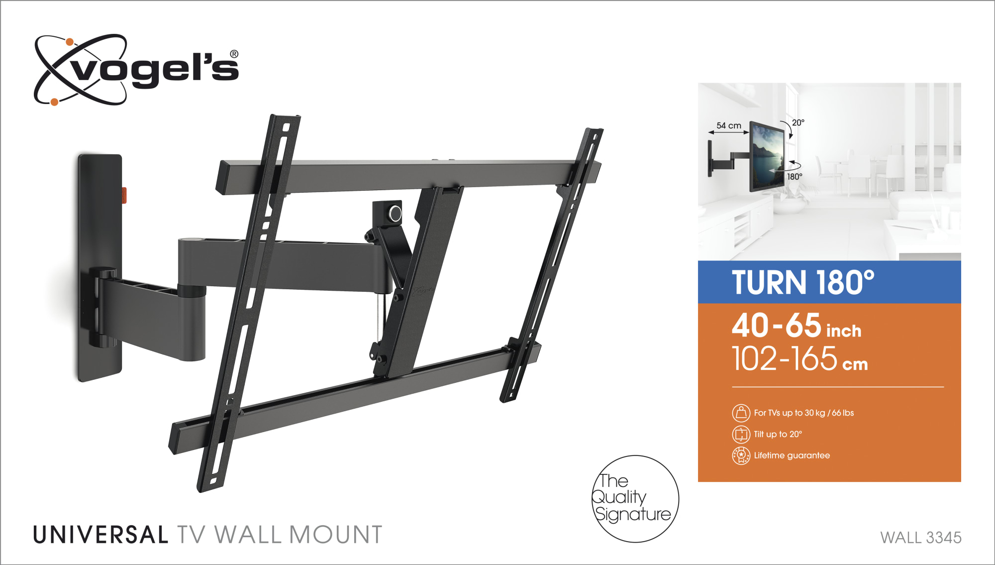 VOGEL´S WALL 3345 TV-Wandhalterung für 102-165 cm (40-65 Zoll) Fernseher, drehbar und neigbar,schwar Wandhalterung, max. 65 Zoll, Schwenkbar, Neigbar, Schwarz
