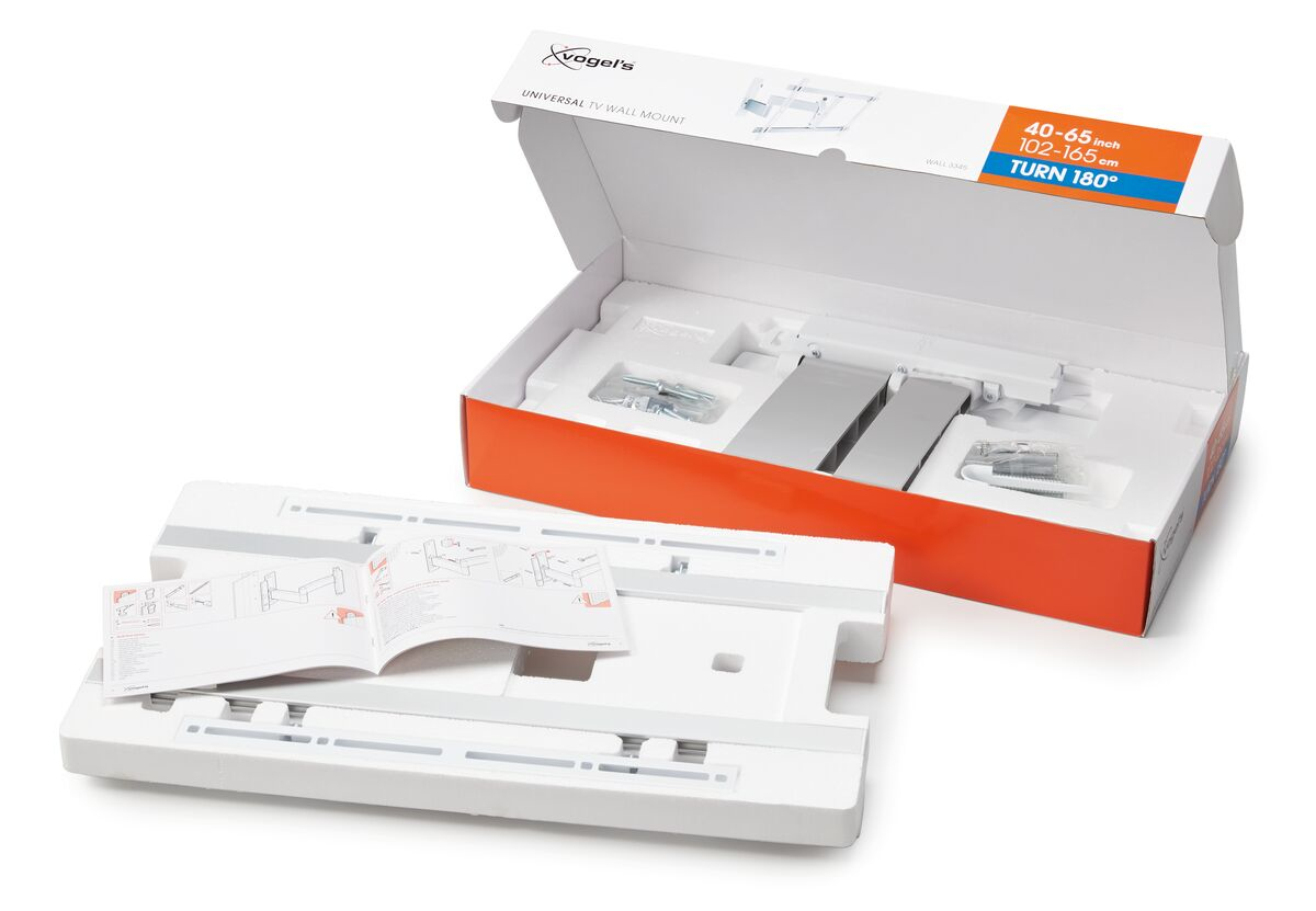 Ausgepacktes TV-Wandhalterungs-Kit, Komponenten sichtbar in der geöffneten Box.
