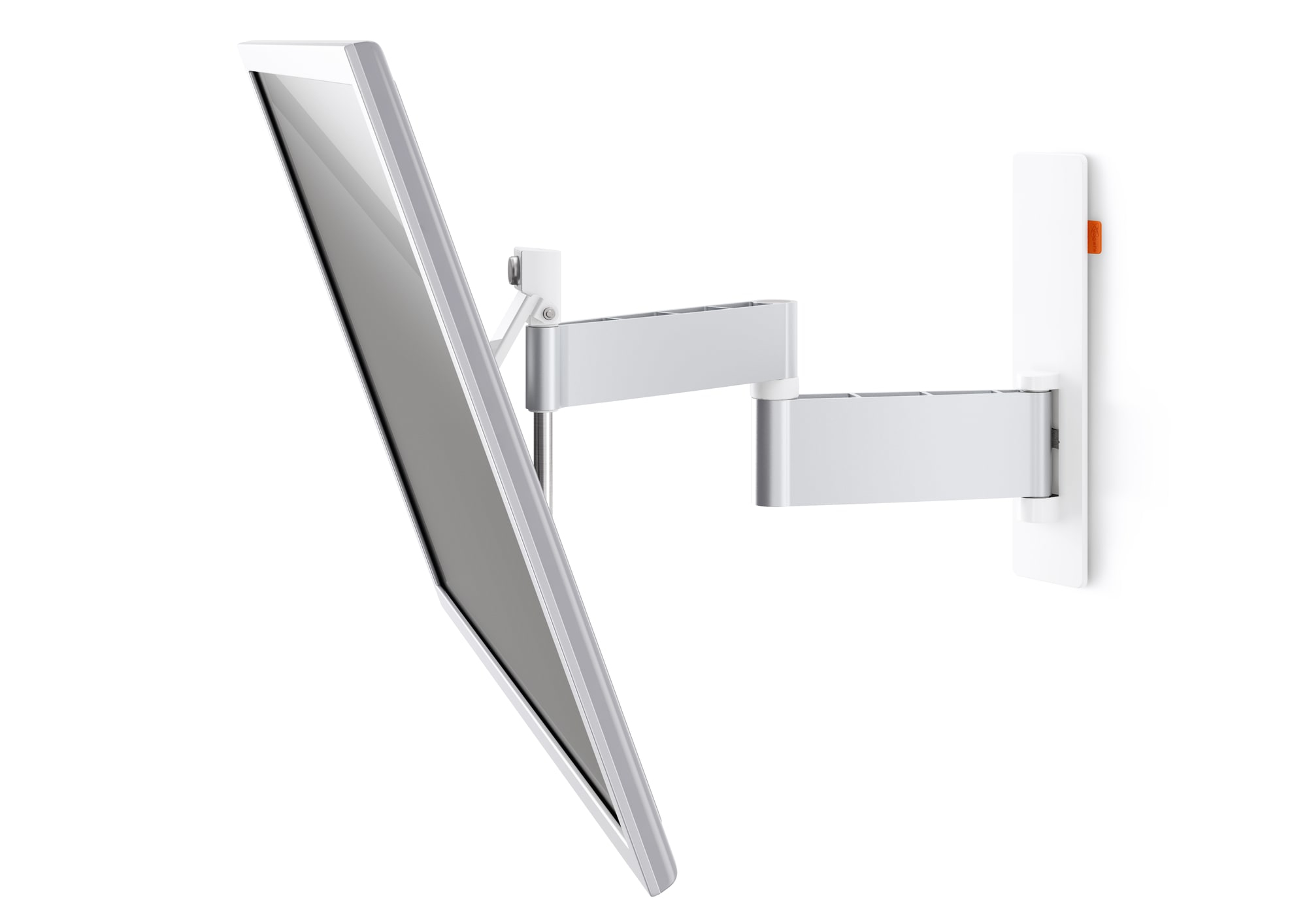 Ein weißer Fernseher, montiert an einer weißen Wand, mit silbernem Arm und weißem Hintergrund.