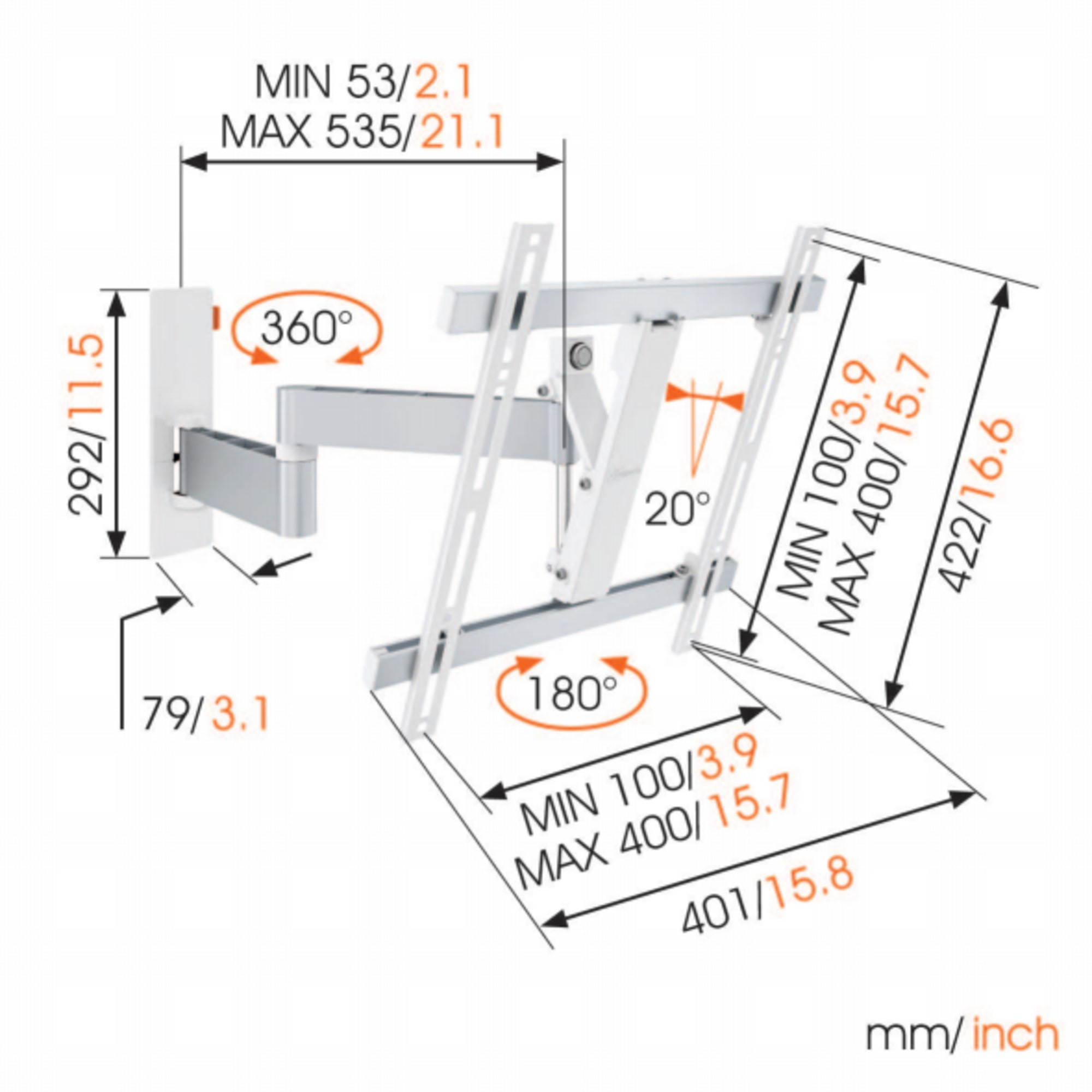 Weiß 55 3245 Schwenkbar, Wall Zoll, VOGEL´S Wandhalterung, Neigbar, max.