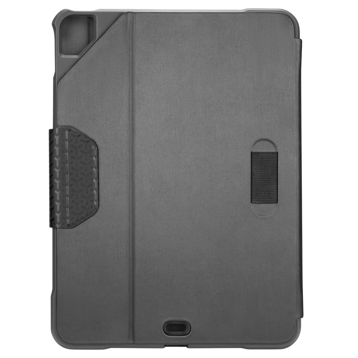 Eine graue Tablet-Hülle. Sie ist gefaltet und hat einen Ständer.