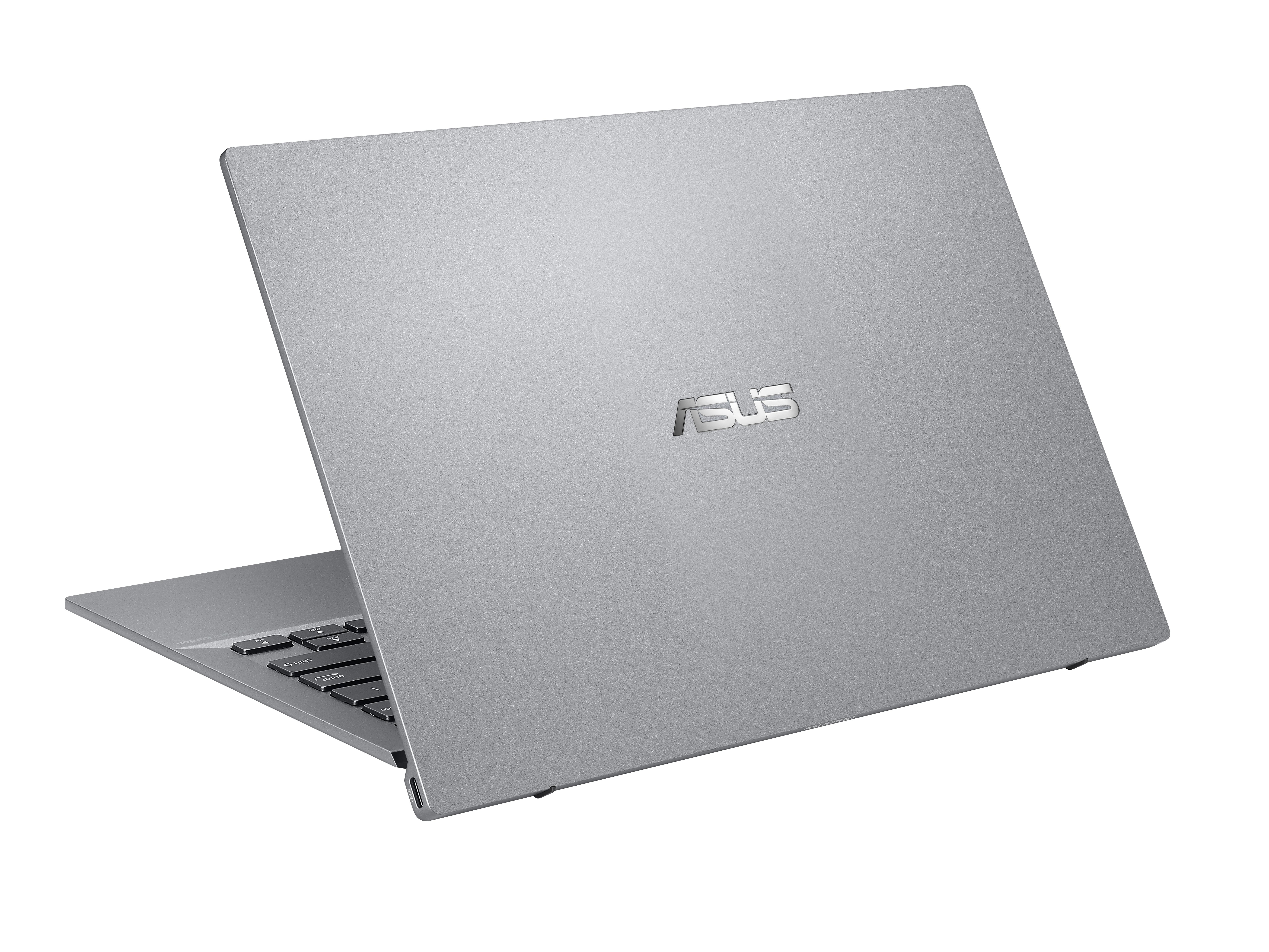 Ein silberner Asus-Laptop in halboffener Position auf einem weißen Hintergrund, die Tastatur ist leicht sichtbar.