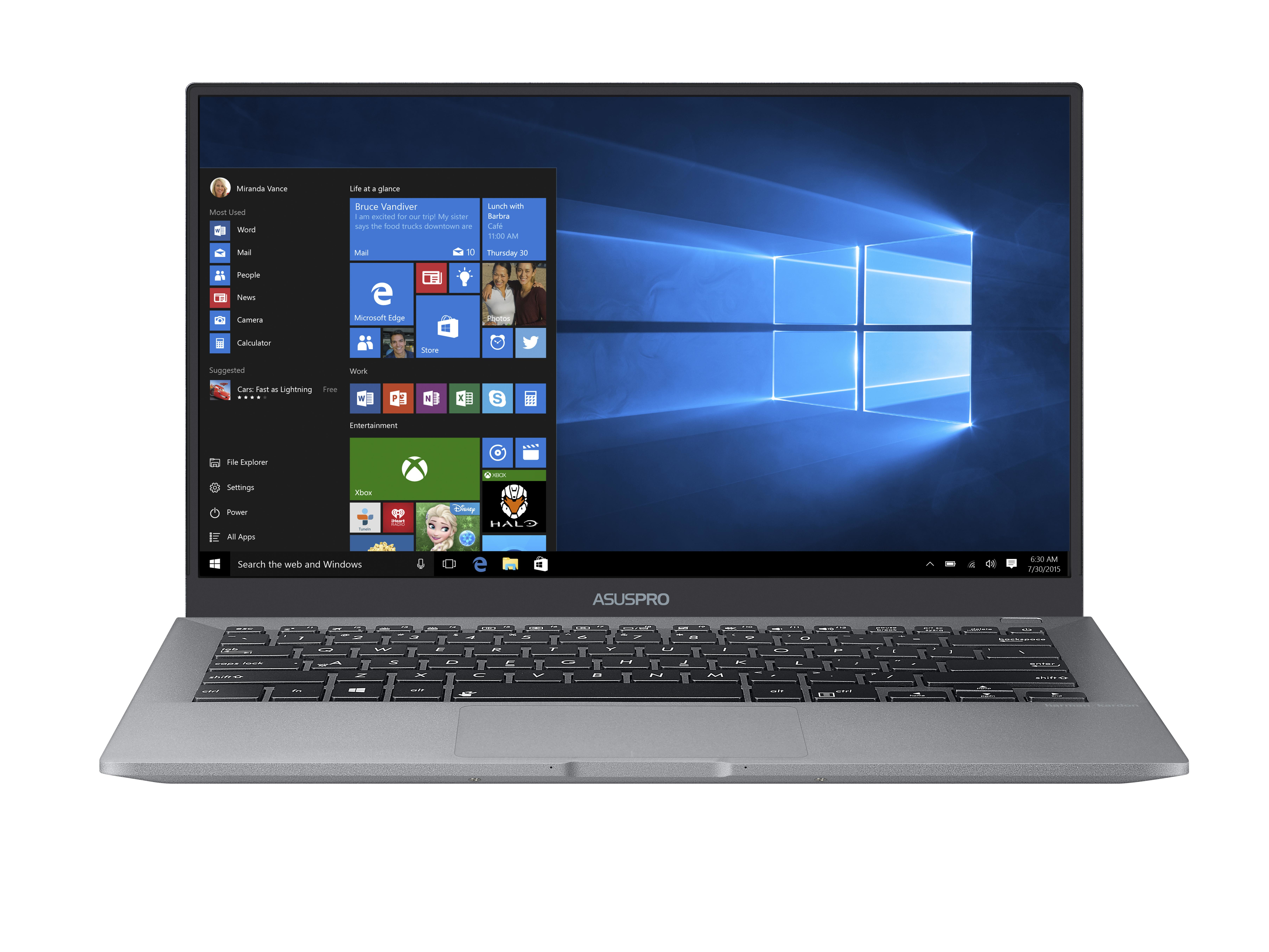 Ein geöffneter grauer ASUSPRO Laptop zeigt das Windows 10 Startmenü und den blauen Desktop-Hintergrund.