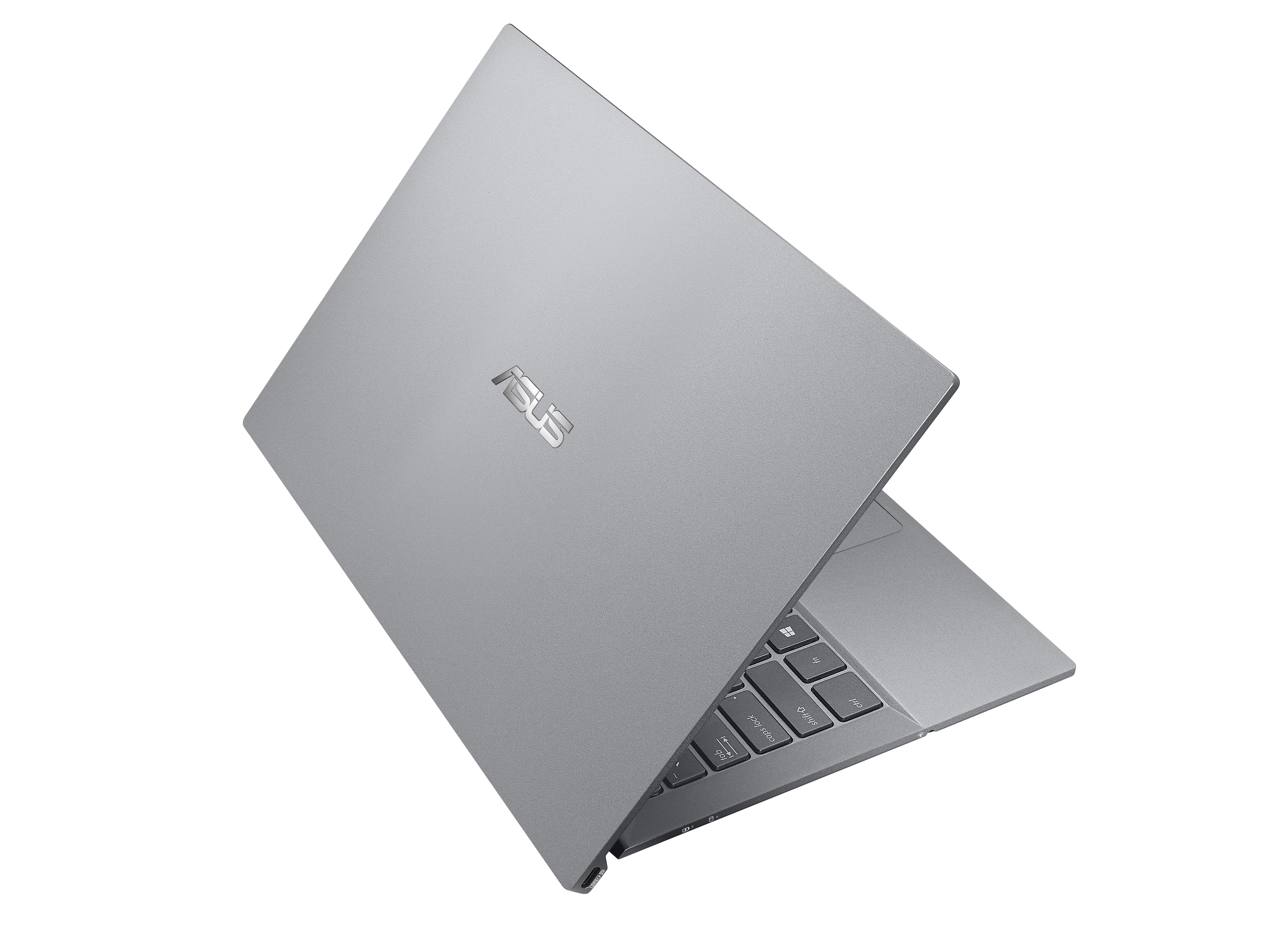Ein silberner Asus Laptop steht leicht geöffnet auf weißem Hintergrund.