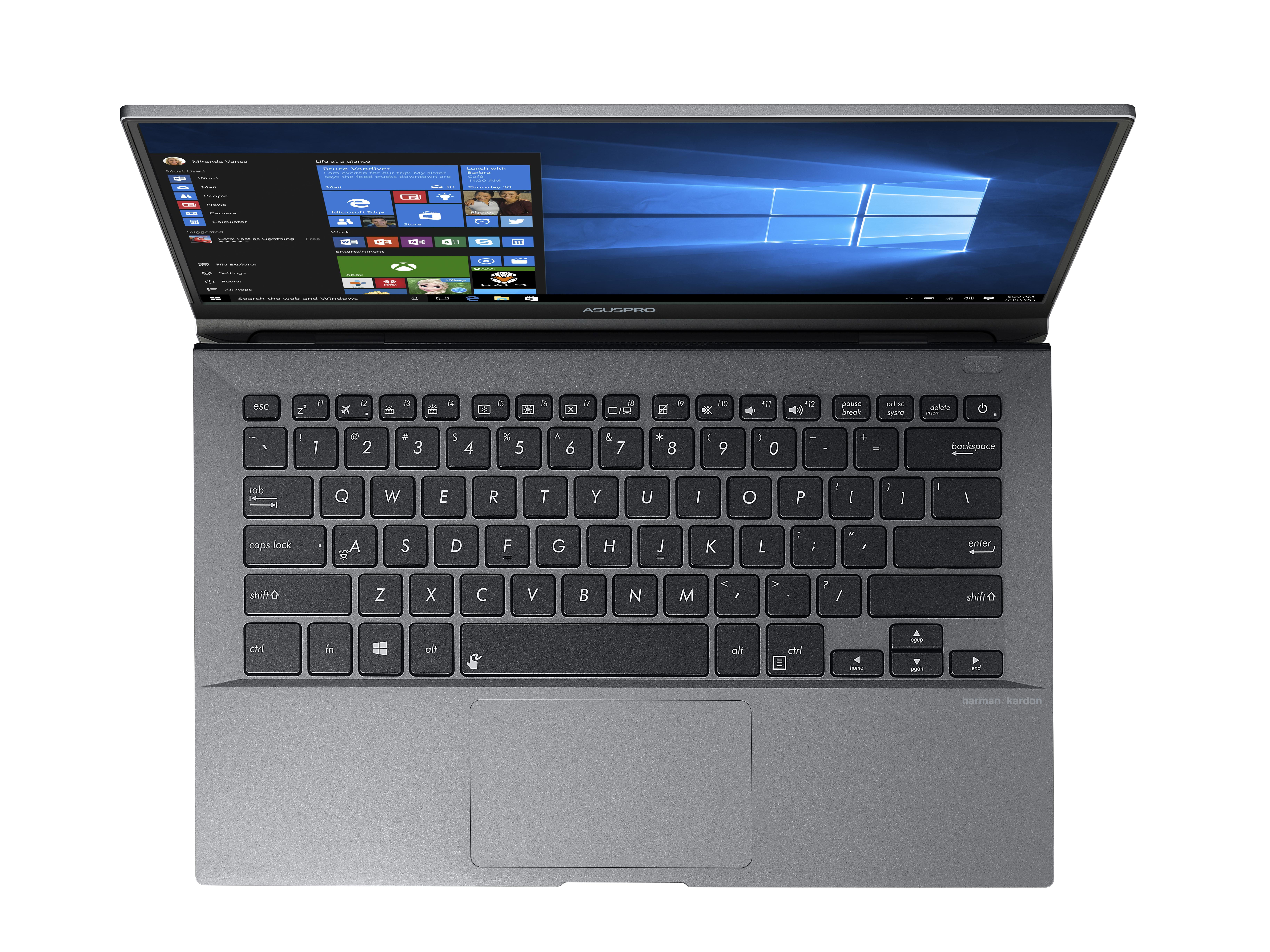 Draufsicht auf einen offenen Asuspro Laptop mit aktiver Windows-10-Benutzeroberfläche.