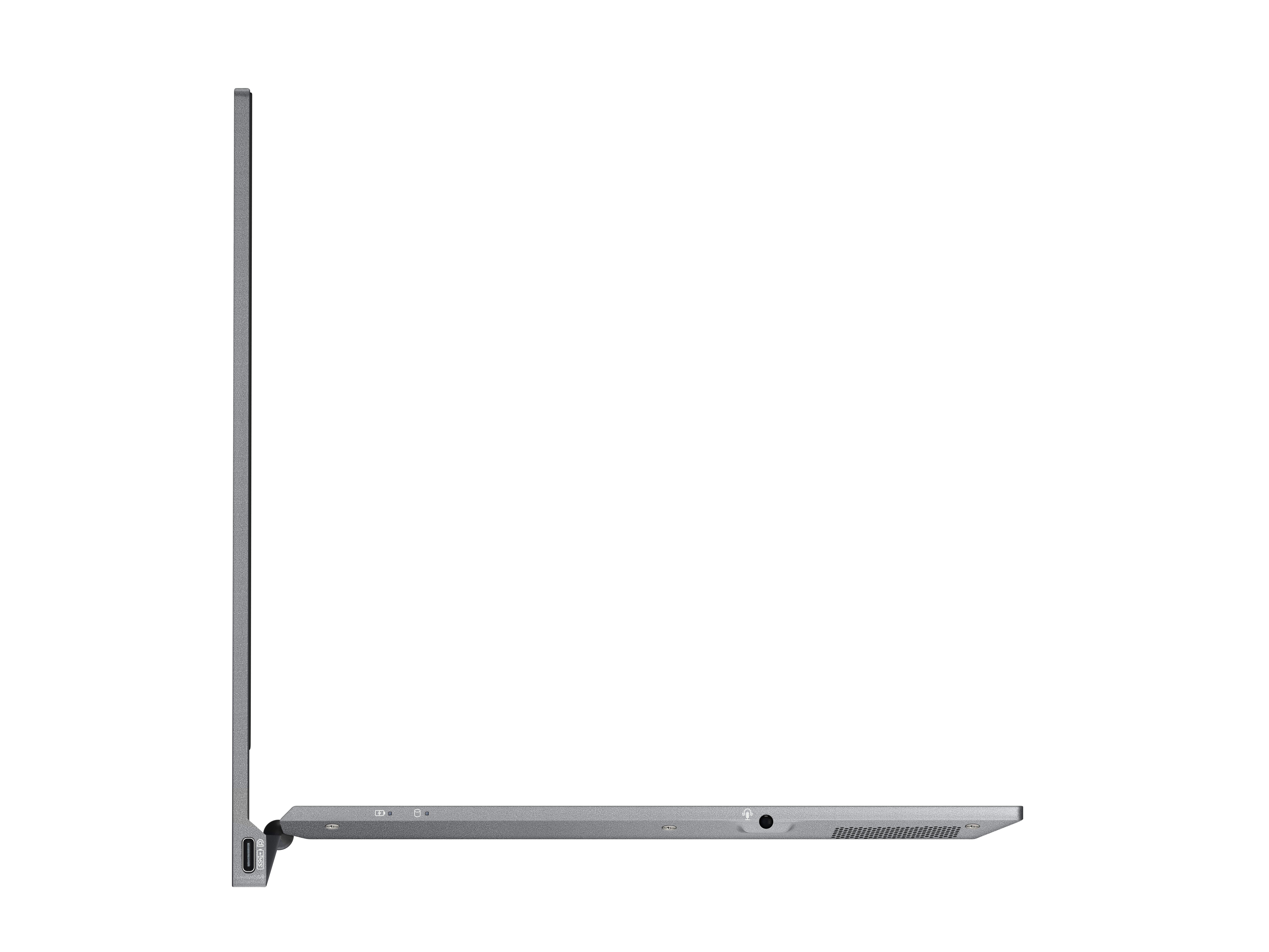 Seitenansicht eines grauen Laptops mit sichtbaren Anschlüssen und Lüftungsöffnungen.