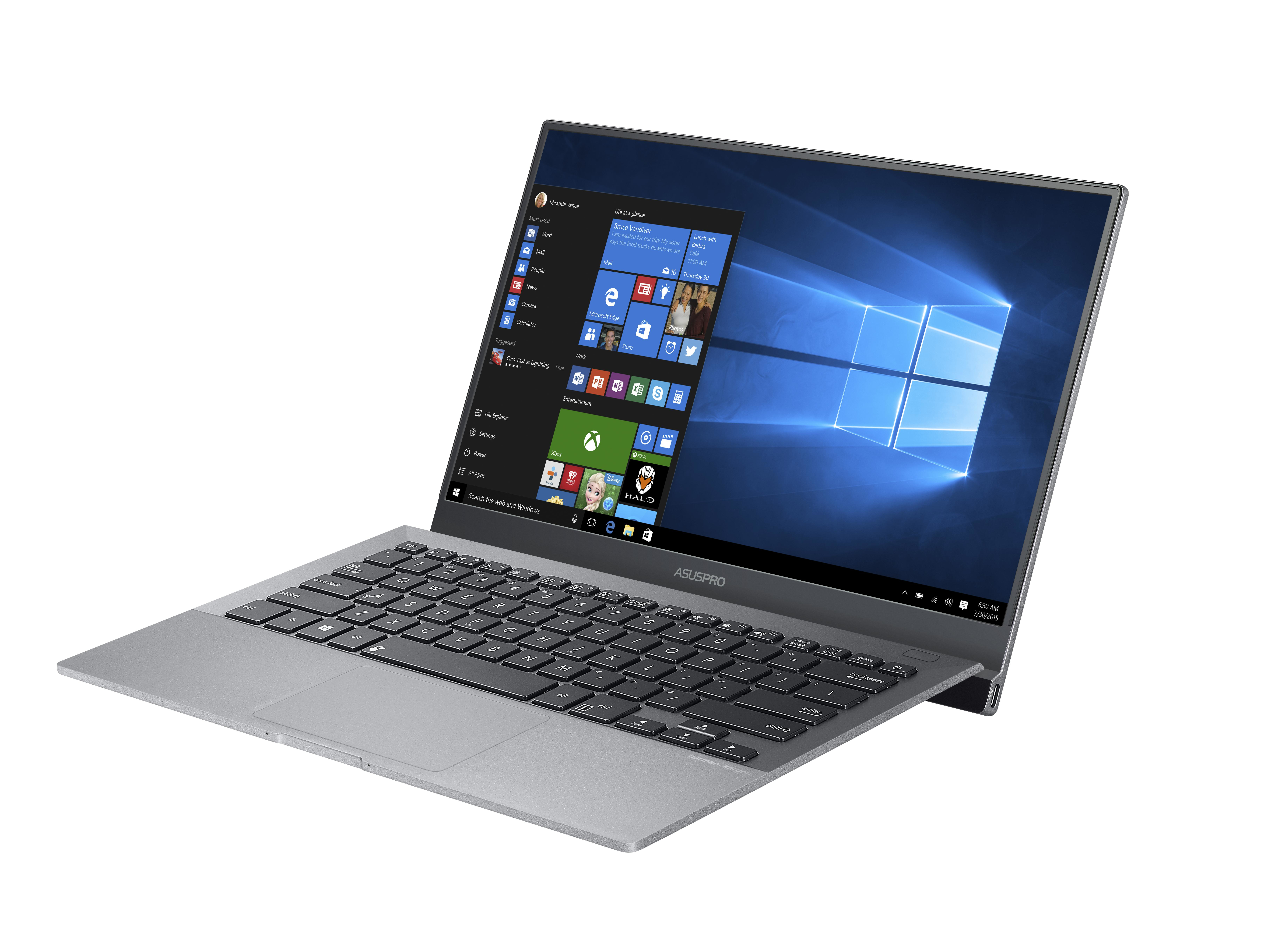 Ein ASUSPRO-Laptop mit silbernem Gehäuse auf weißem Hintergrund, der das Windows 10-Startmenü anzeigt.