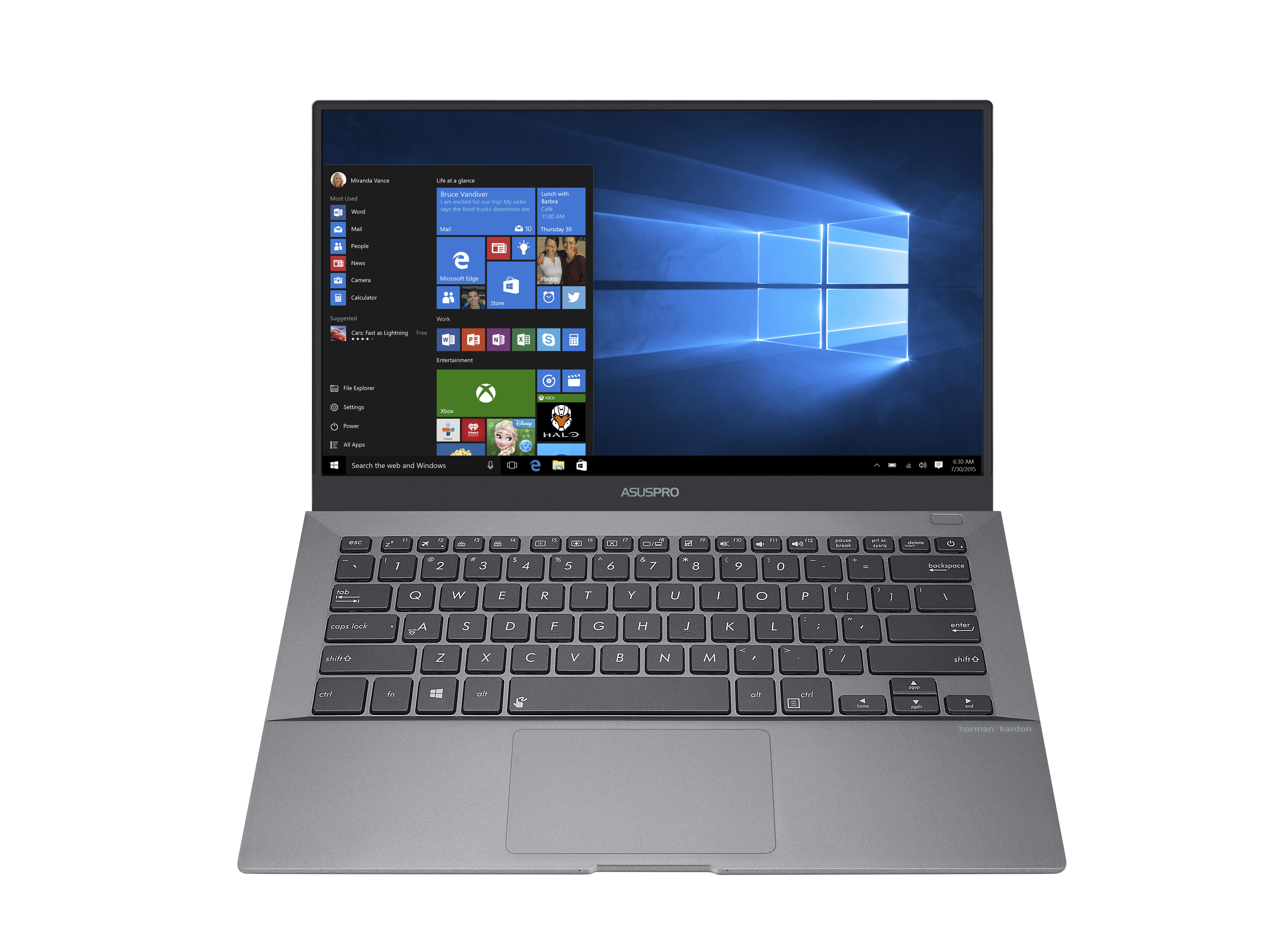Ein grauer ASUSPRO Laptop mit Windows 10 Startmenü und offenem Bildschirm.