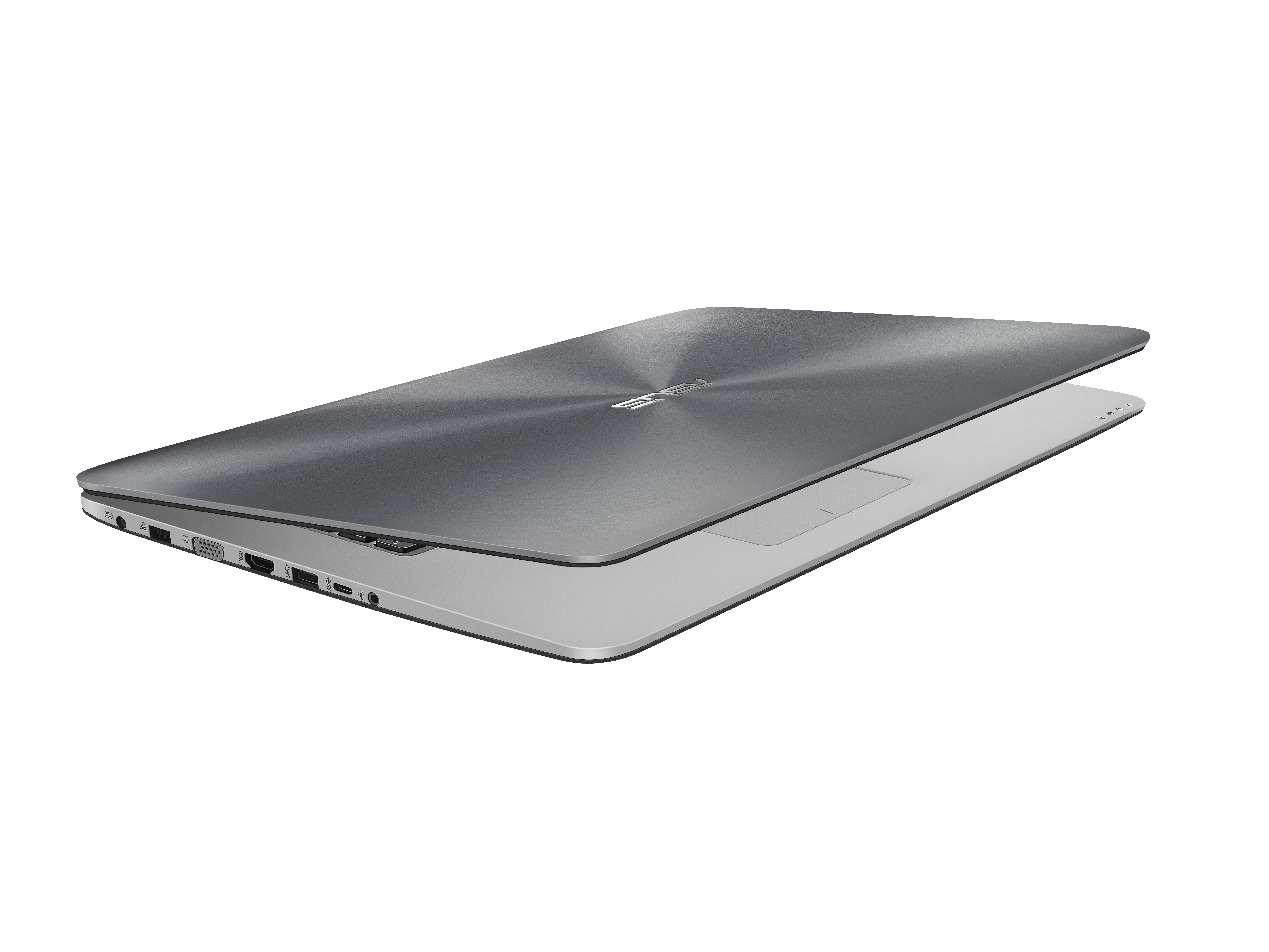 Asus-Laptop, angewinkelte Ansicht des geschlossenen Deckels, zeigt metallische Oberfläche.