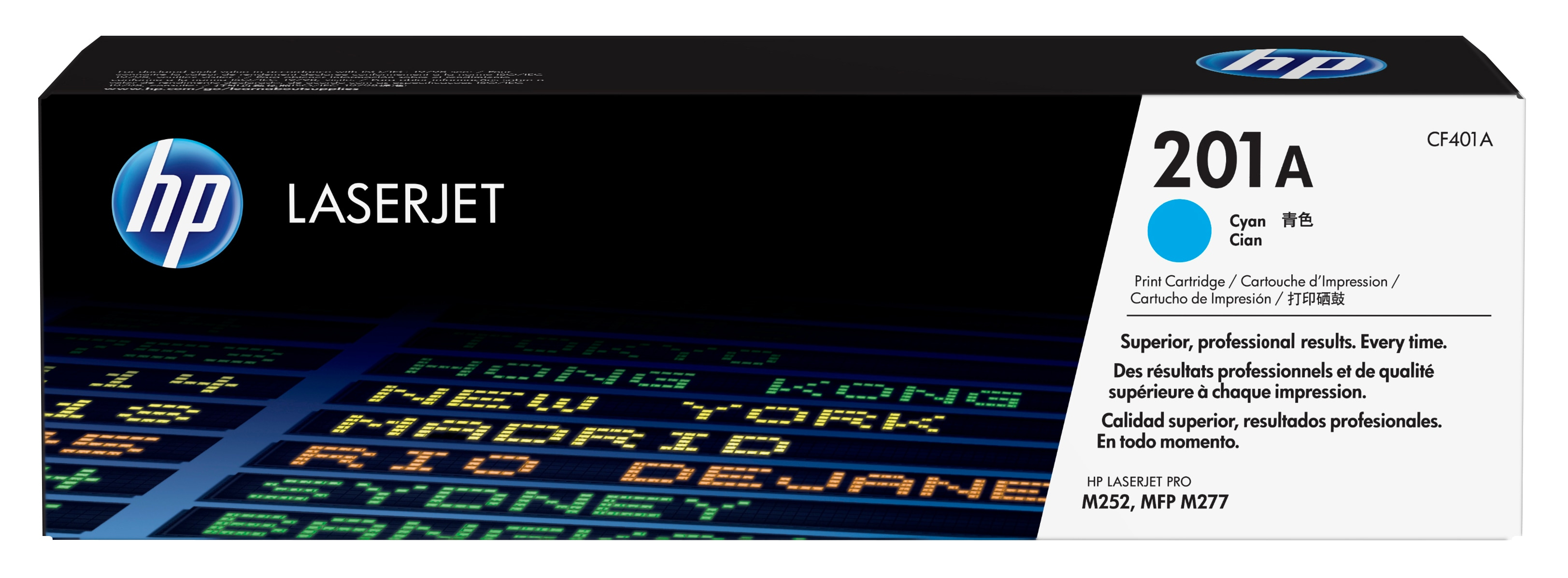 HP LaserJet Tonerkassette, schwarz mit Weltkartenhintergrund und cyanfarbenem Etikett.