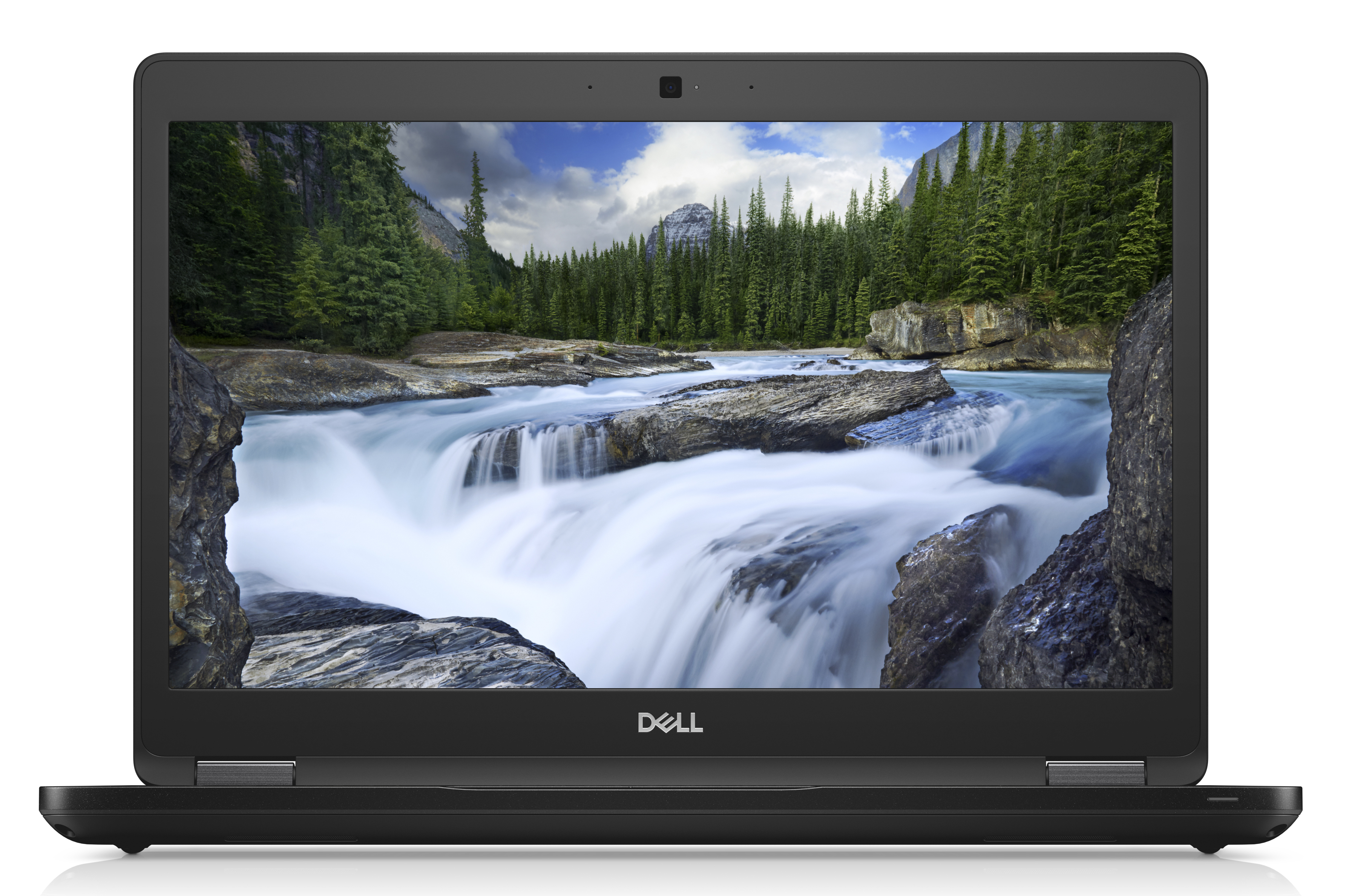 Schwarzer Dell Laptop mit einer Naturszene auf dem Bildschirm.