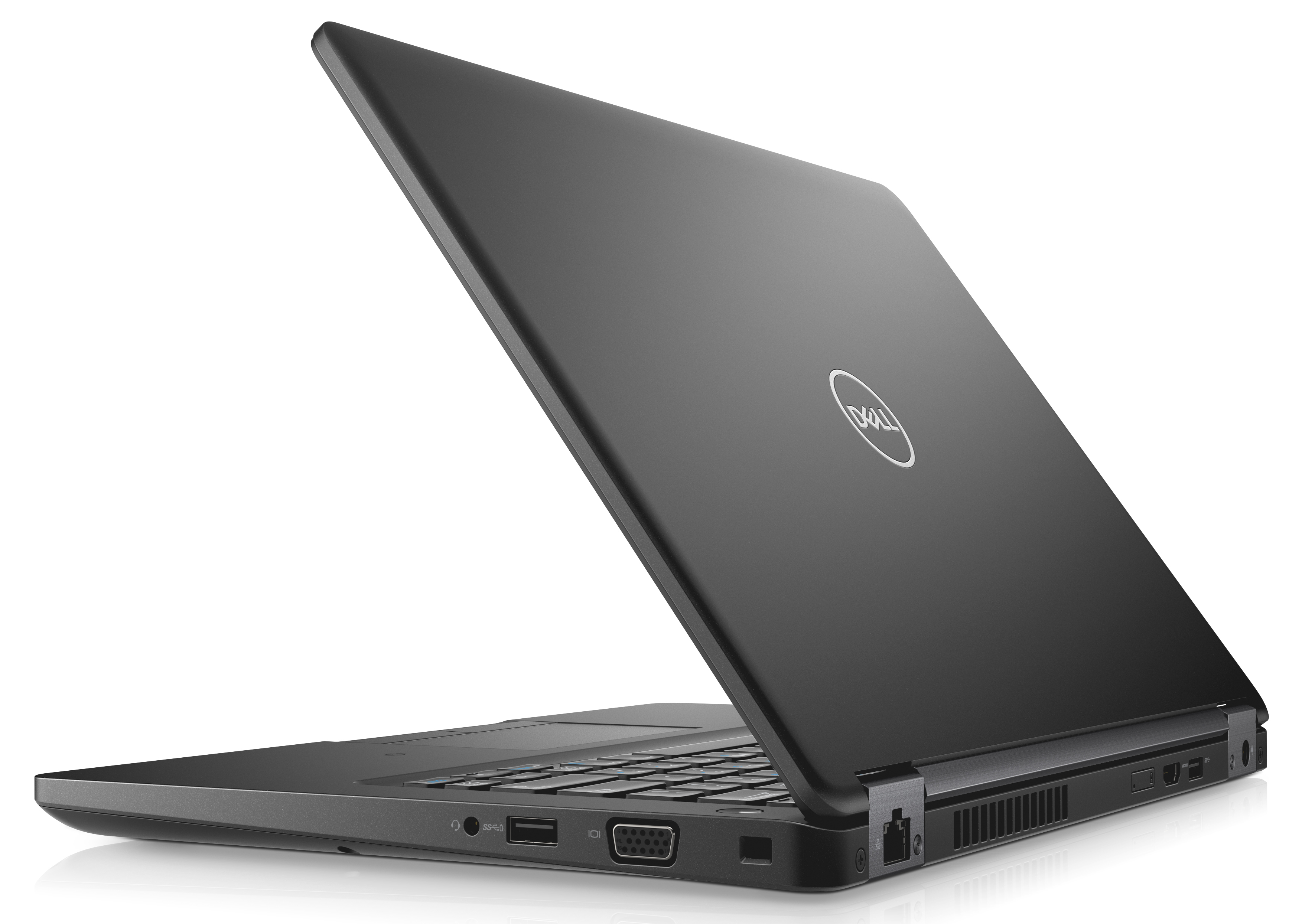 Laptop, teilweise geöffnet, schwarz, Dell-Logo auf dem Deckel.