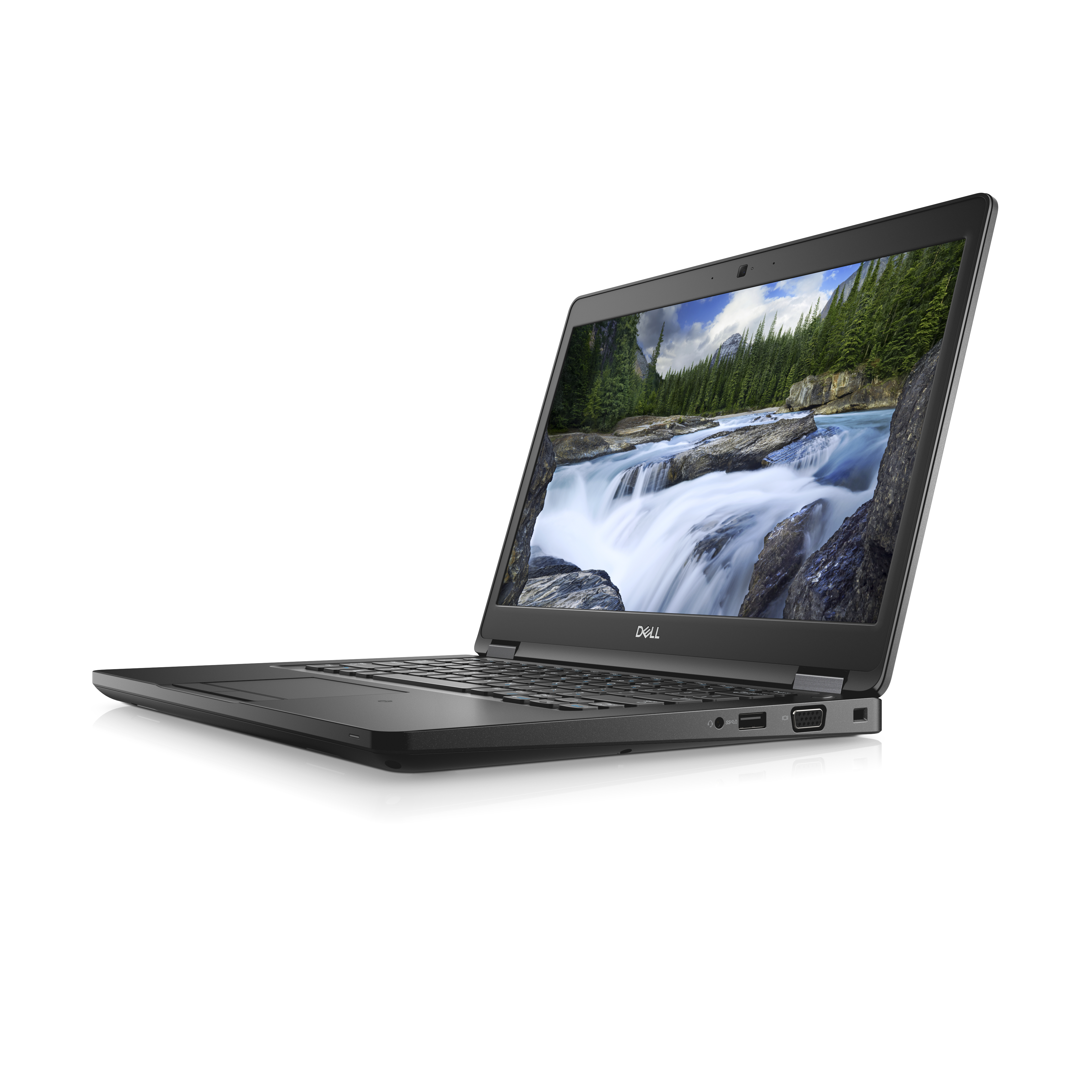 Schwarzer Dell-Laptop, offen, Schrägansicht, zeigt Bildschirm mit Wasserfallbild.