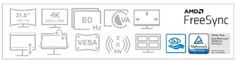 Eine Sammlung von Symbolen für einen Monitor, einschließlich Größe, Auflösung, Bildwiederholfrequenz und AMD FreeSync-Logo.