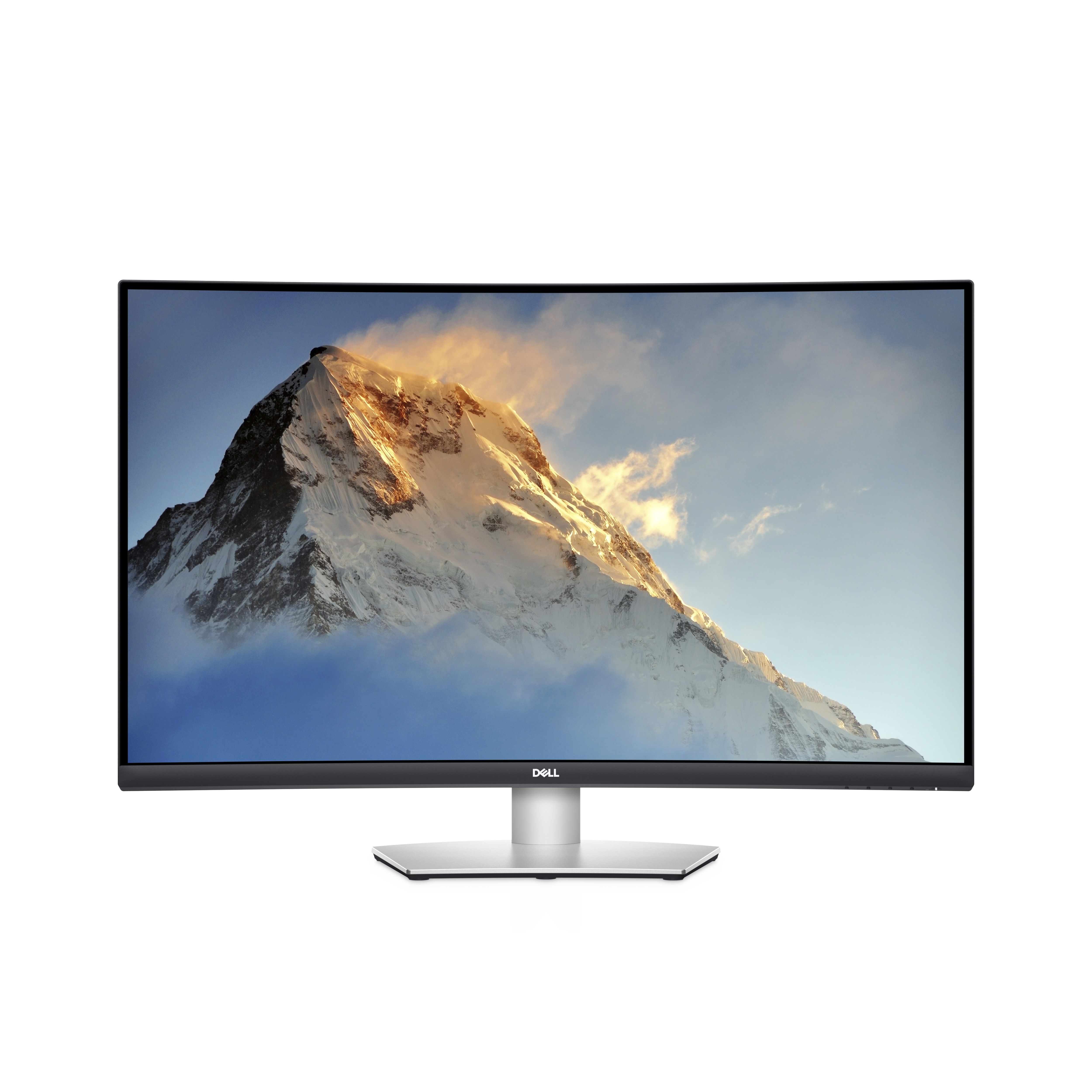 Ein gewölbter Dell-Monitor mit einer Berglandschaft. Er hat einen silbernen Standfuß und einen schwarzen Rahmen.
