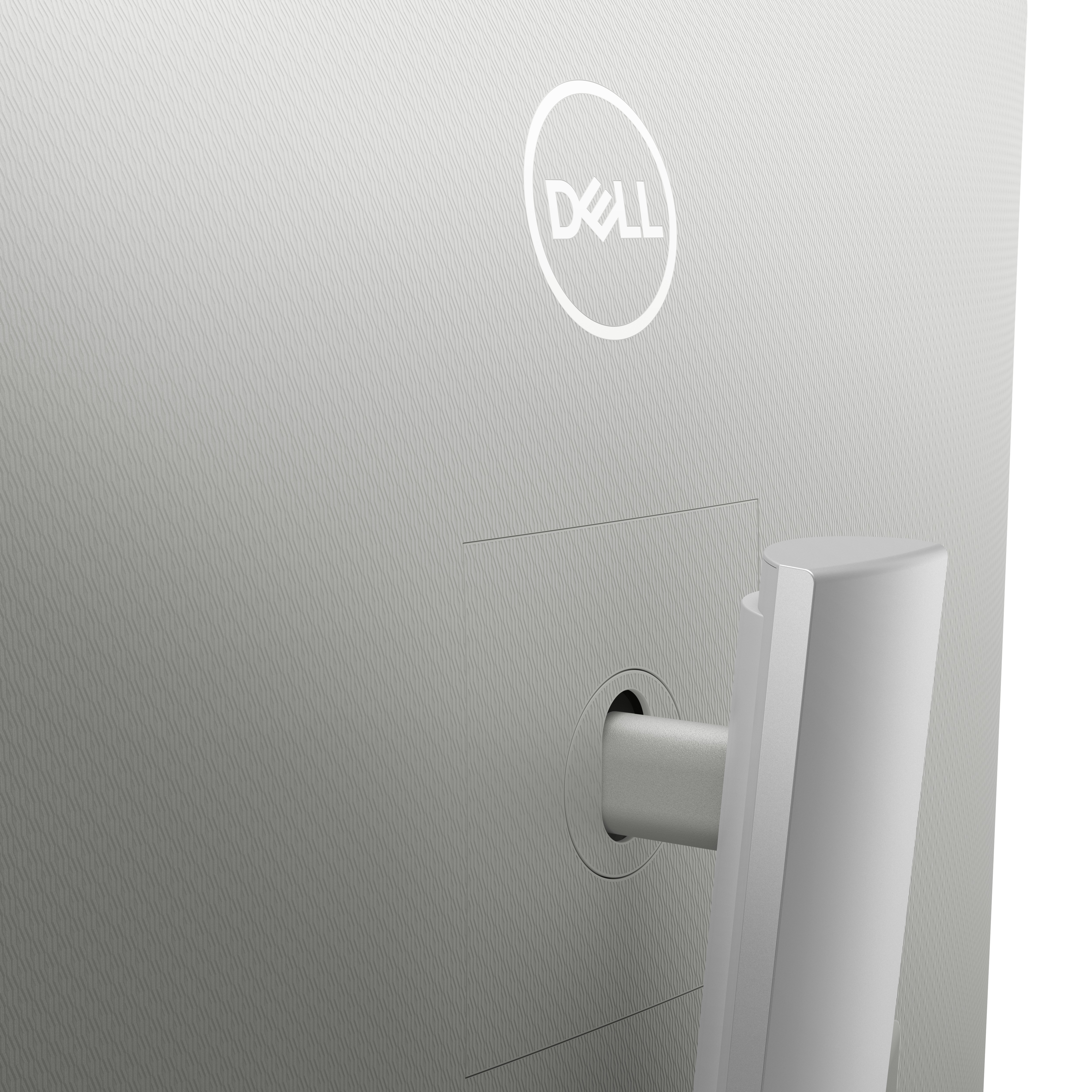 Nahaufnahme der Rückseite eines grauen Dell-Monitors. Das Dell-Logo ist sichtbar. Der Hintergrund ist weiß.
