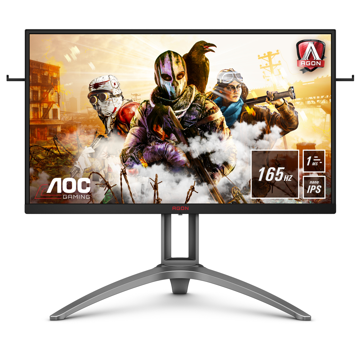 Ein Gaming-Monitor mit Ständer, der eine Spielszene zeigt.